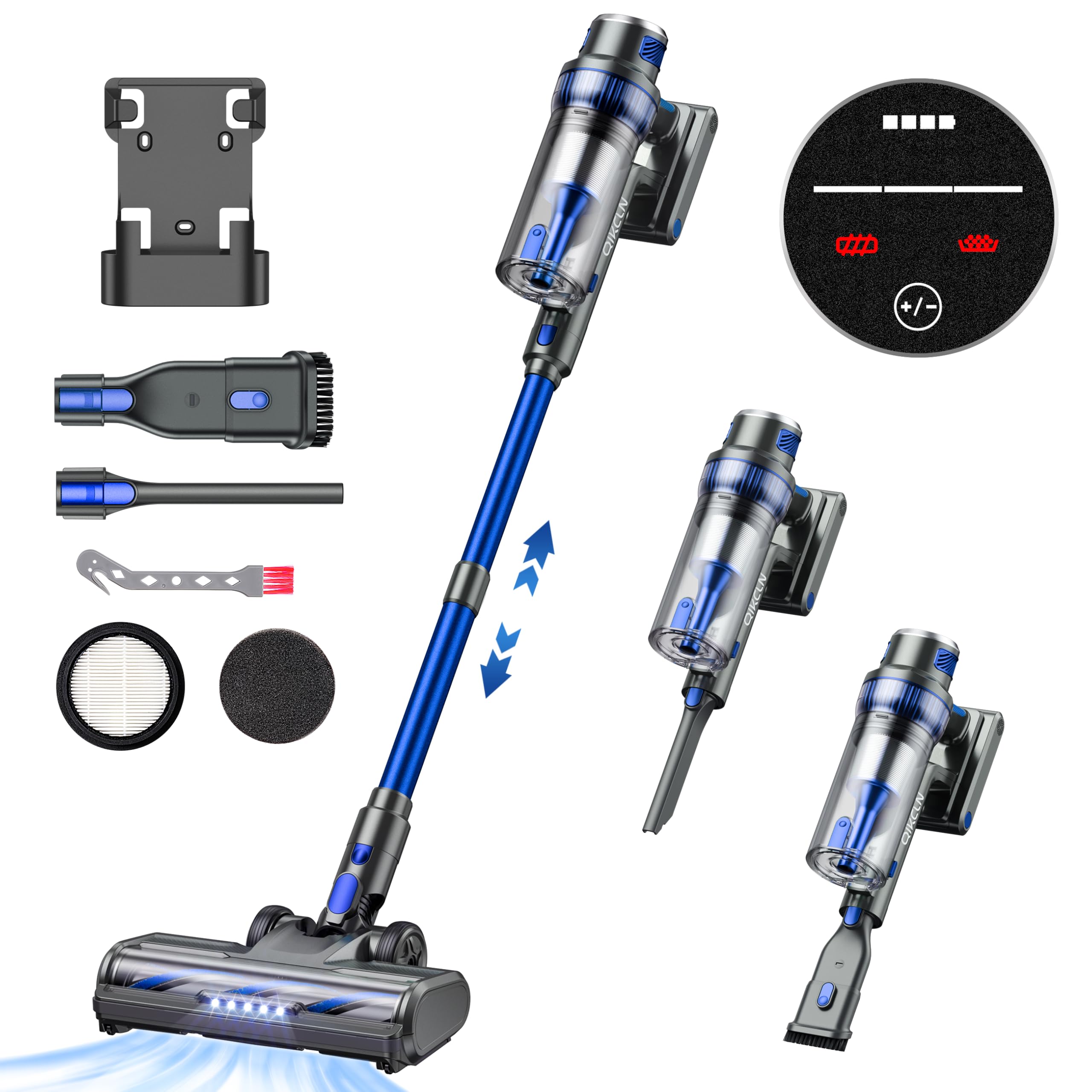 Qikcln Cordless Vacuum Cleaner   250W/30Kpa Powerful Stick Vacuum With Charging Dock, Max 40Mins Runtime, 3 Modes, Smart Led Dis