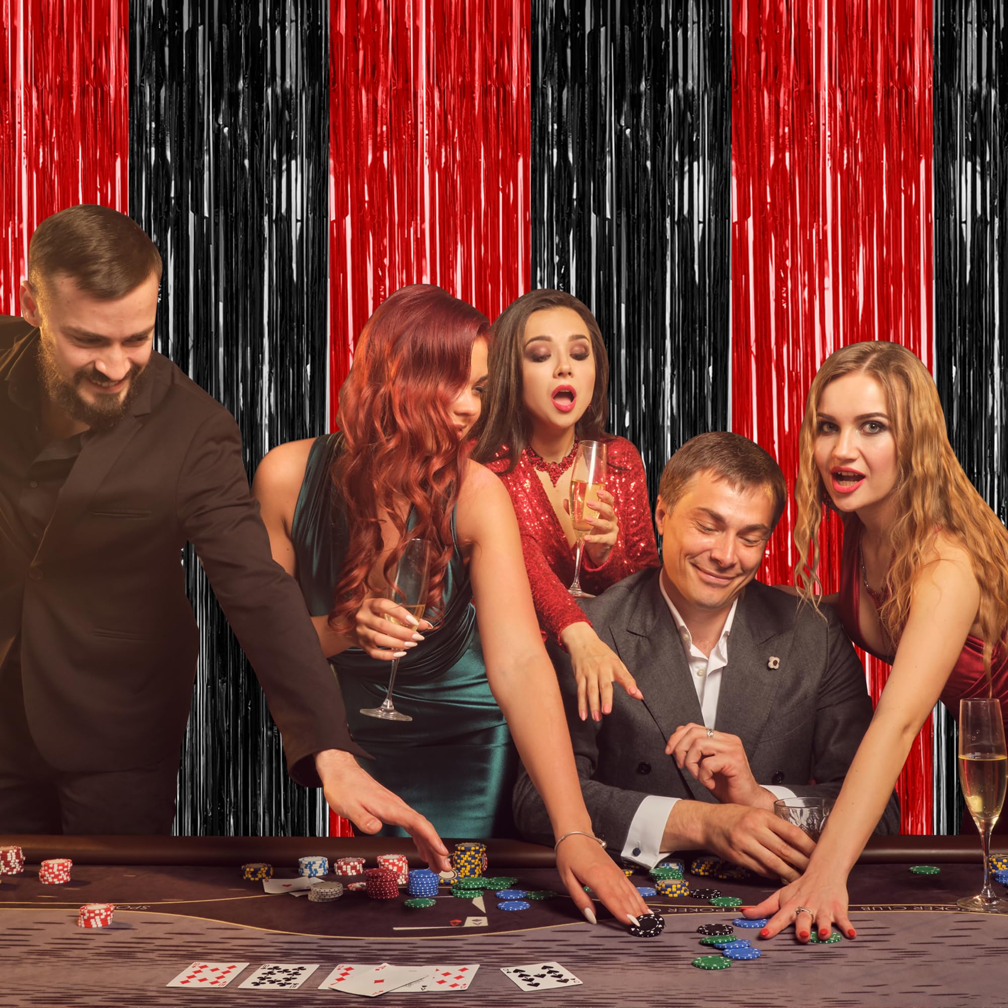 2 Pack Backdrop Curtains, 3.28 Ft X 7.05 Ft Black And Red Party Decor, Metallic Party Streamer Tinsel Foil Fringe Curtains, Foil