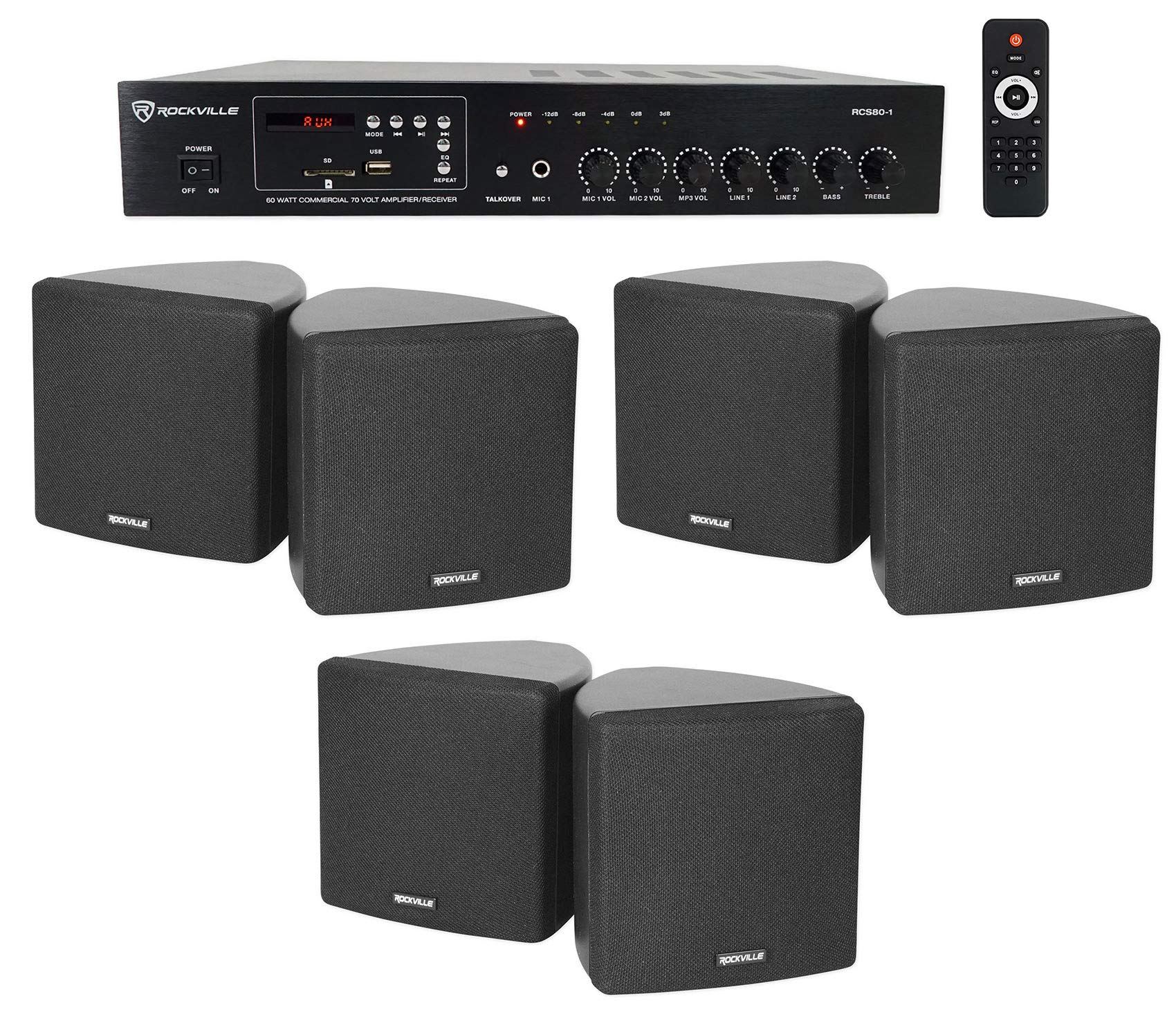 Rockville Commercial Restaurant Bluetooth Amplifier+(6) 3.5 Black Cube Speakers