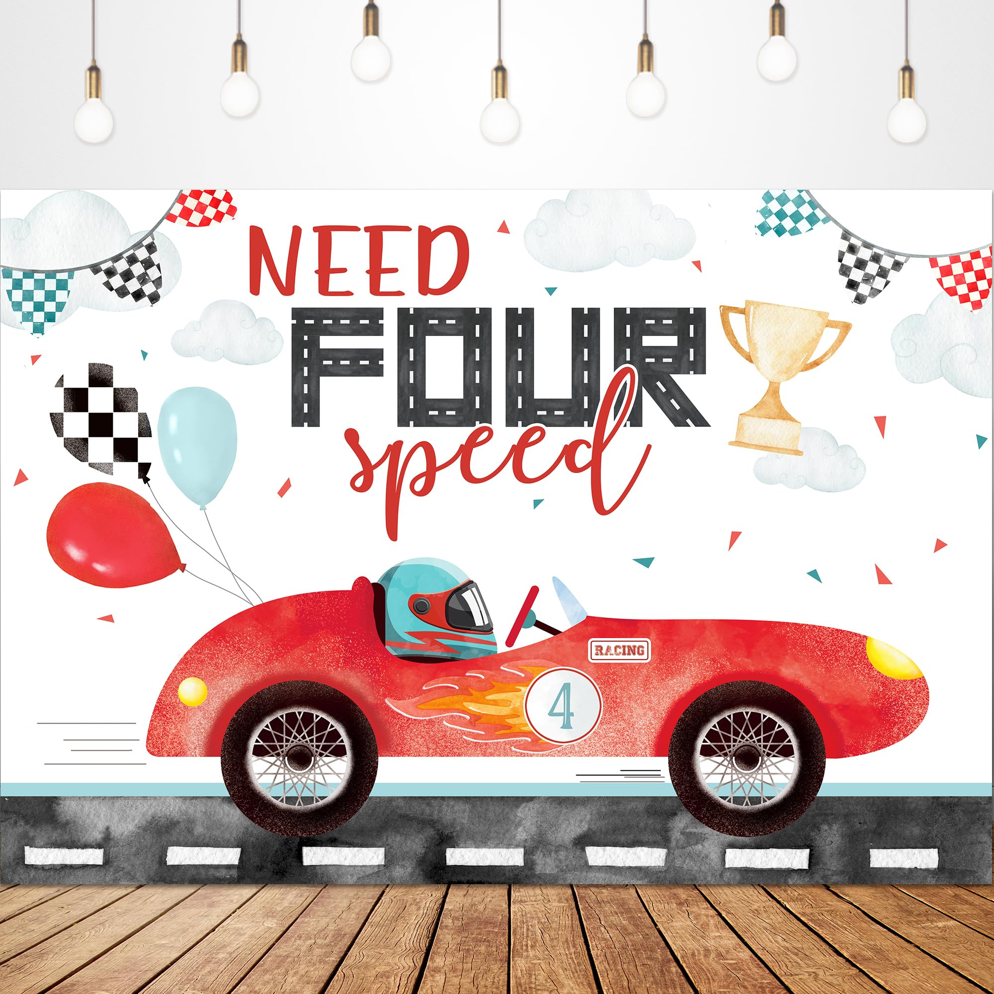 Glawry Need 4 Speed Birthday Backdrop 7Wx5H Feet Watercolor Red Racing Car Cartoon Cute Balloons Cool Boys Kids 4Th Birthday Par