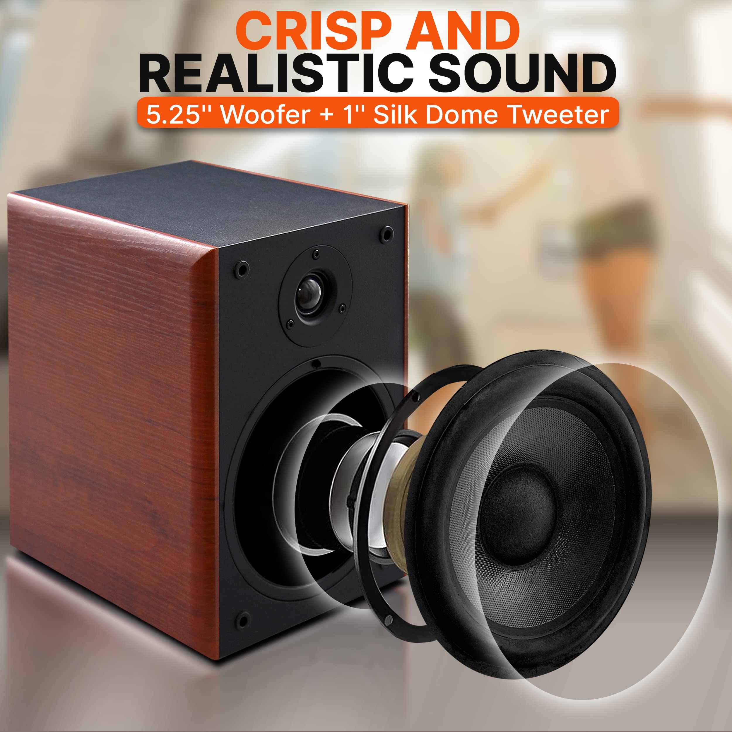 Pyleusa 5.25'' Home Wooden Bookshelf Speakers, 200W Max Power, 1'' Silk Dome Tweeter And Aluminum Voice Coils, Pair, Gold Plated