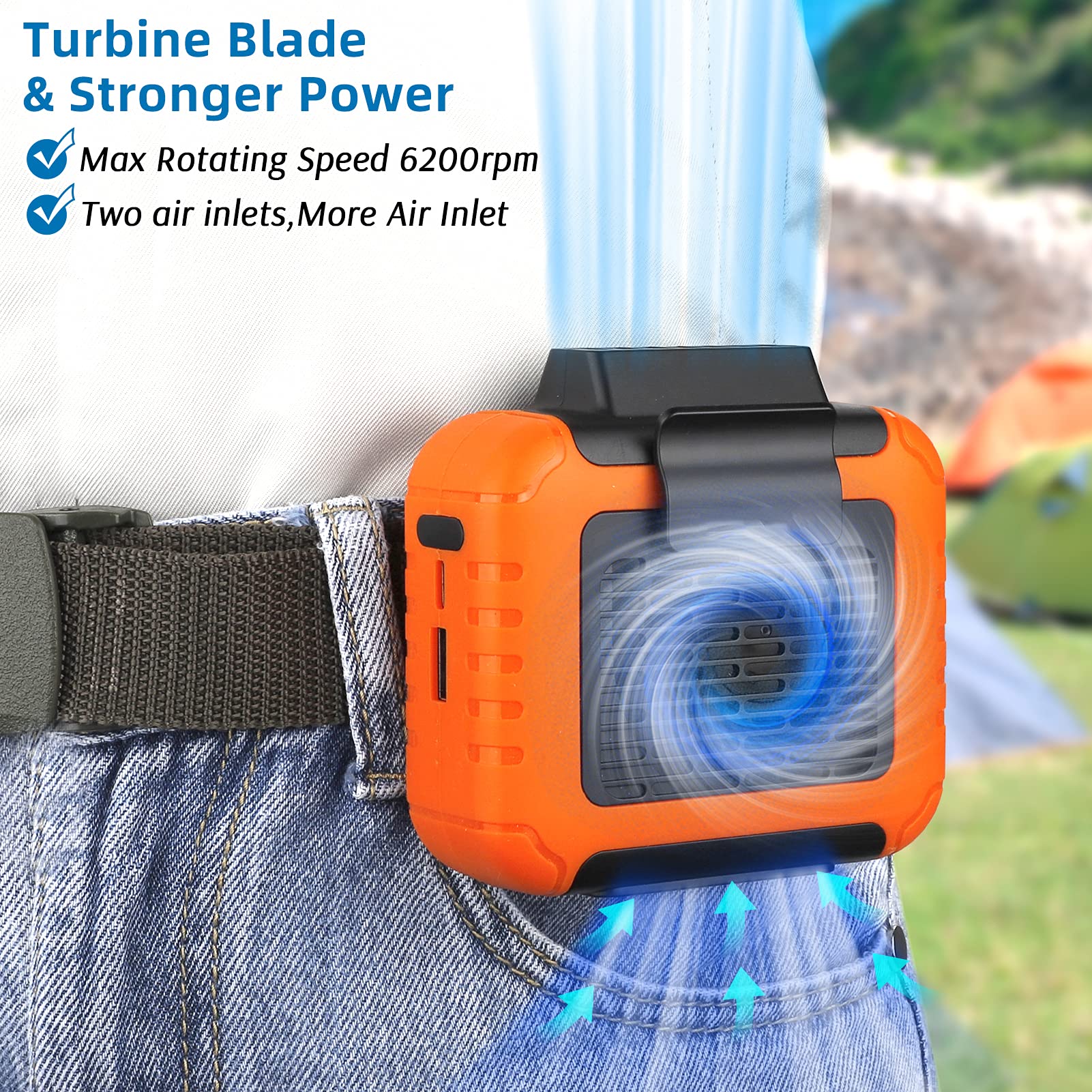 Slenpet 6000Mah Portable Waist Clip Fan With 23H Working Time, 6200Rpm Strong Airflow, 3 Speeds, Rechargeable Battery Operated P