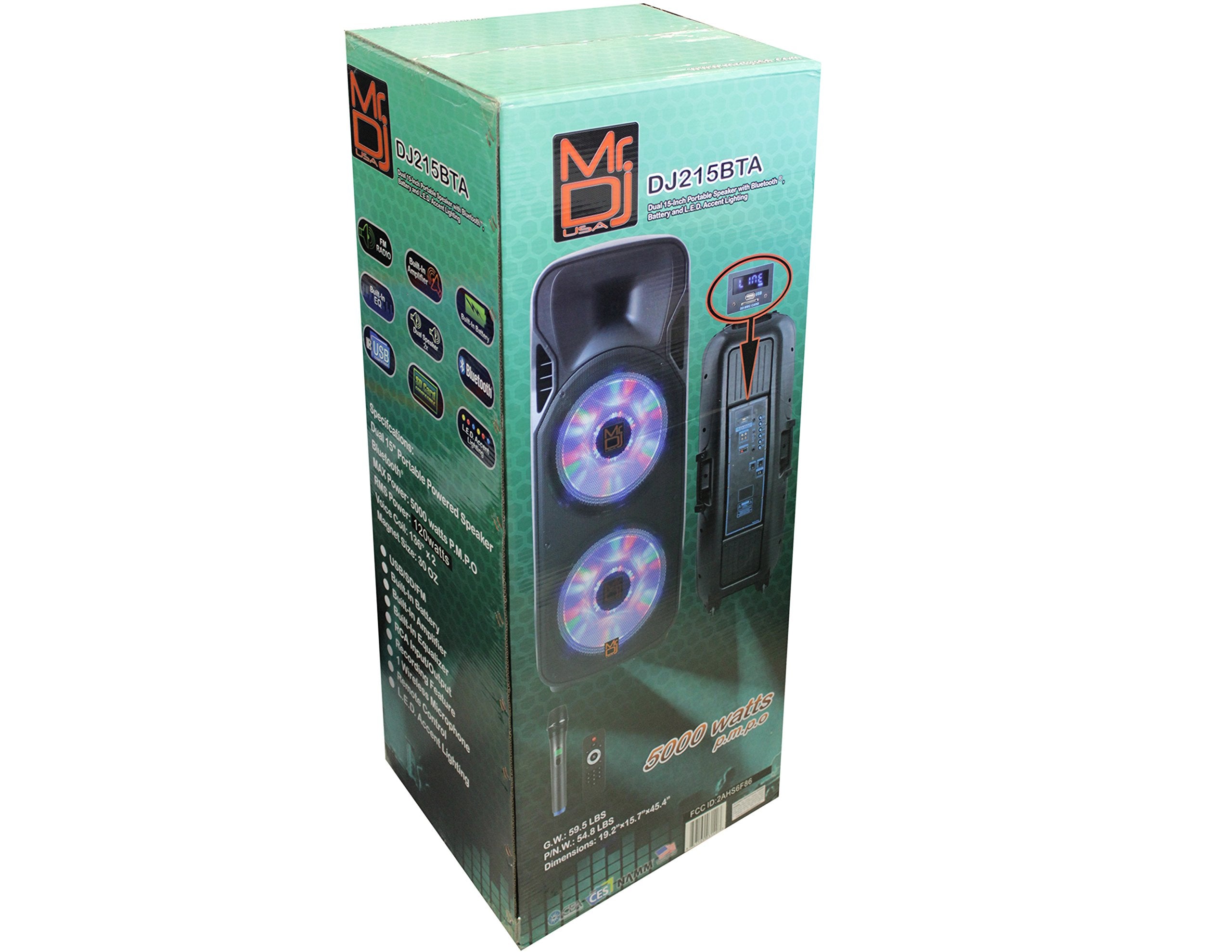 Mr. Dj Dj215Bta/After Party Dual 15' 5000W Max Power Speaker With Built In Bluetooth & Battery, 1' Lcd/Mp3/Usb/Sd Slot