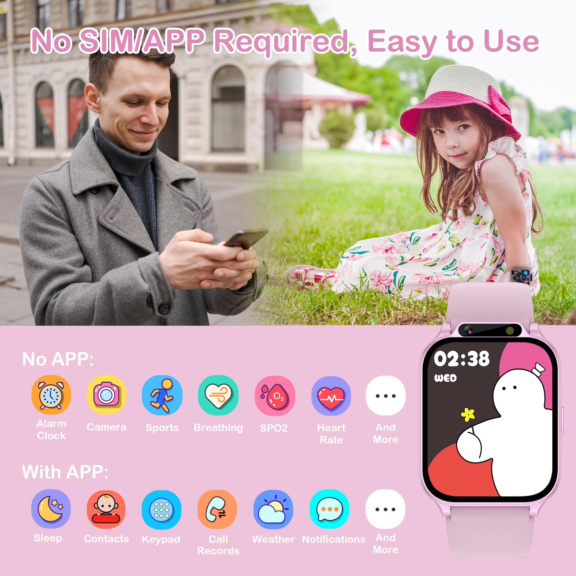 Kids Smart Watches Girls With Fitness & Sleep Tracker, Waterproof Smart Watch For Kids With Heart Rate & Blood Oxygen Monitor, H