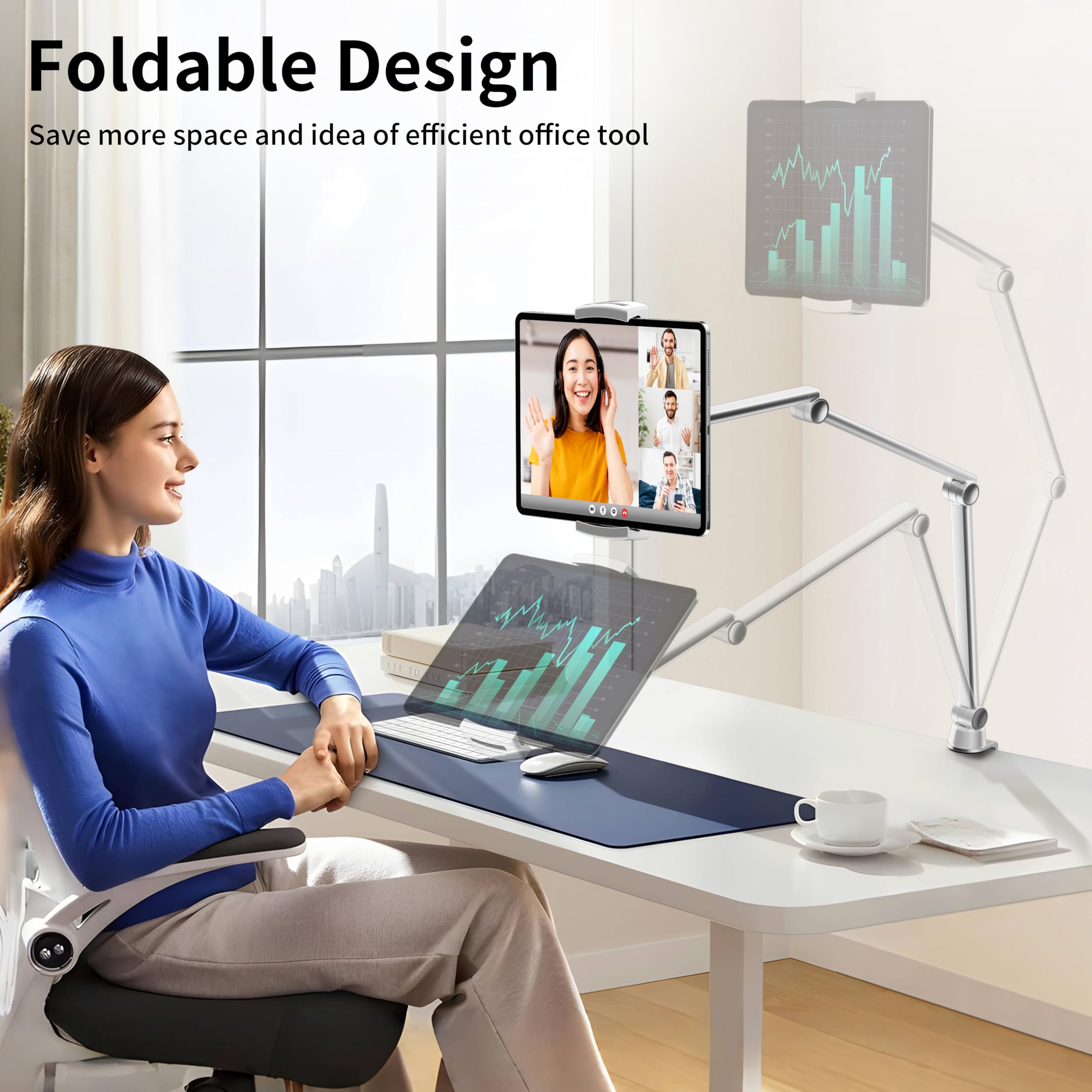 Lululook Tablet Stand, Aluminum Alloy Stretchable Arm Phone Holder Mount, Adjustable Kindle Stand Compatible With Ipad Pro 12.9/Air 13 Inch, Galaxy Tabs, Phones, Kindle, Tablet 4.7' 13'(2 Clips)