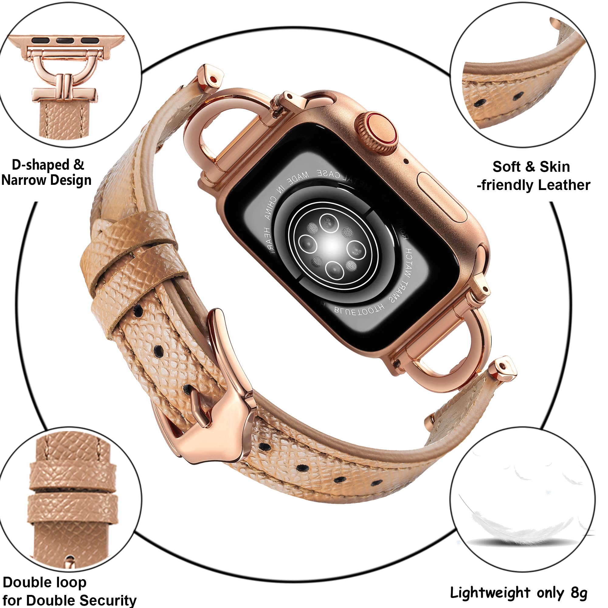 Osber Genuine Leather Band Compatible With Apple Watch Women 38Mm 40Mm 41Mm, Classic Slim Leather Strap With D Shape Rose Gold M