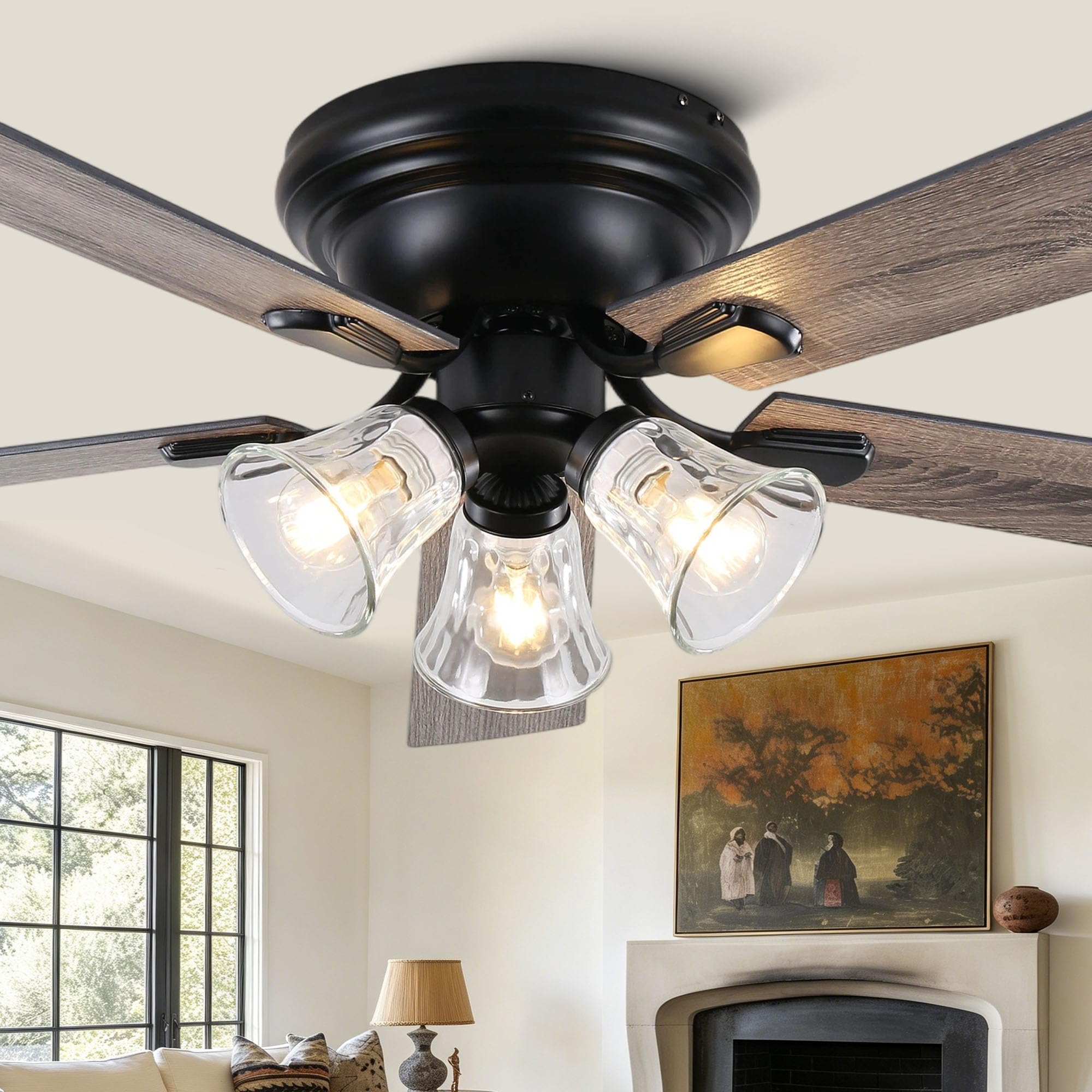 CNCMtiger 60 Flush Mount Vintage Ceiling Fan with Lights and Remote, Farmhouse Rustic Ceiling Fan Low Profile Antique Fandelier 