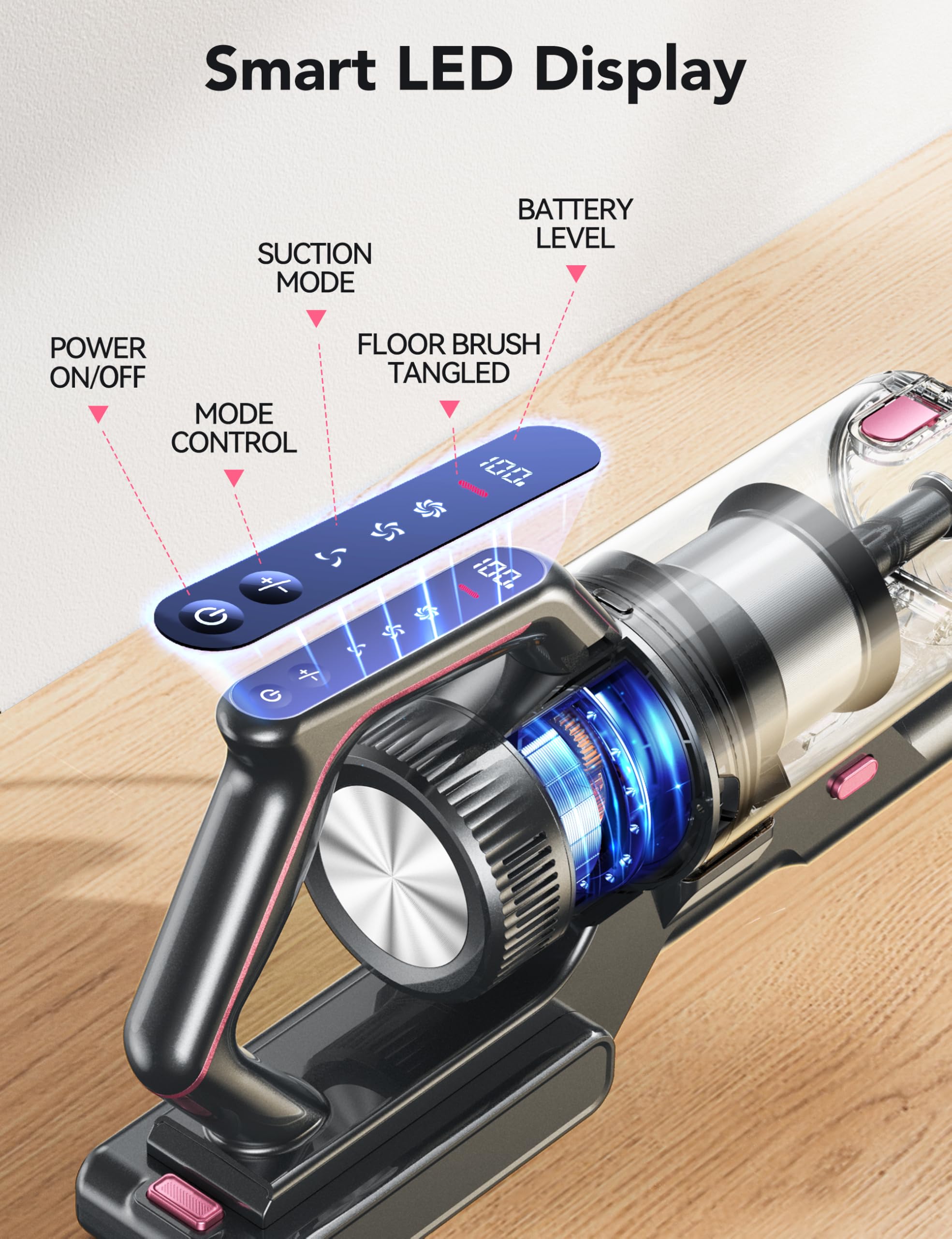 Qikcln Cordless Vacuum Cleaner, 23000Pa Powerful Lightweight Stick Vac With Led Headlights, 45 Minutes Runtime, 3 Modes, Handhel