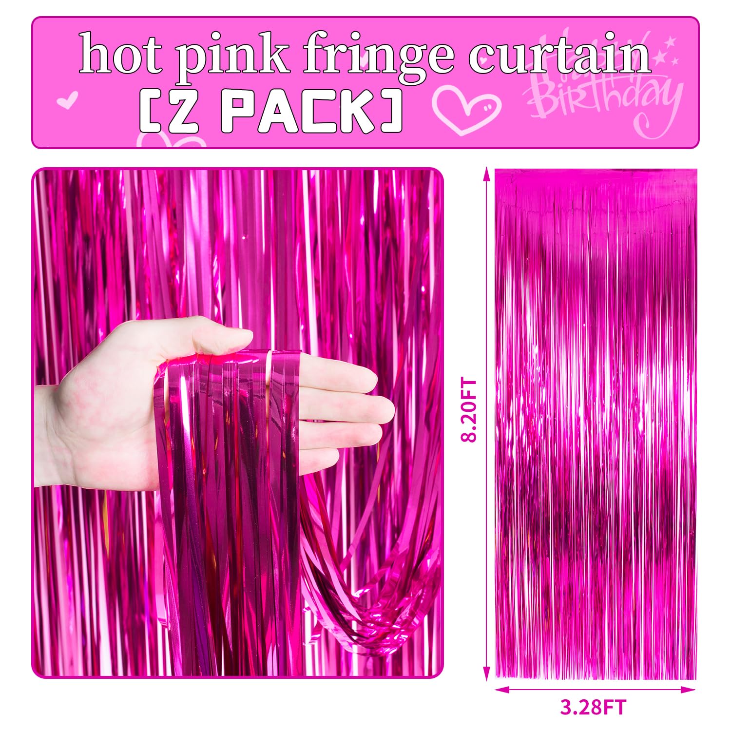 Yukl Hot Pink Curtains Fringe Backdrop Hot Pink Streamers Party Decorations 2Pack 3.3*8.2Ft Hot Pink Birthday Decorations Tinsel