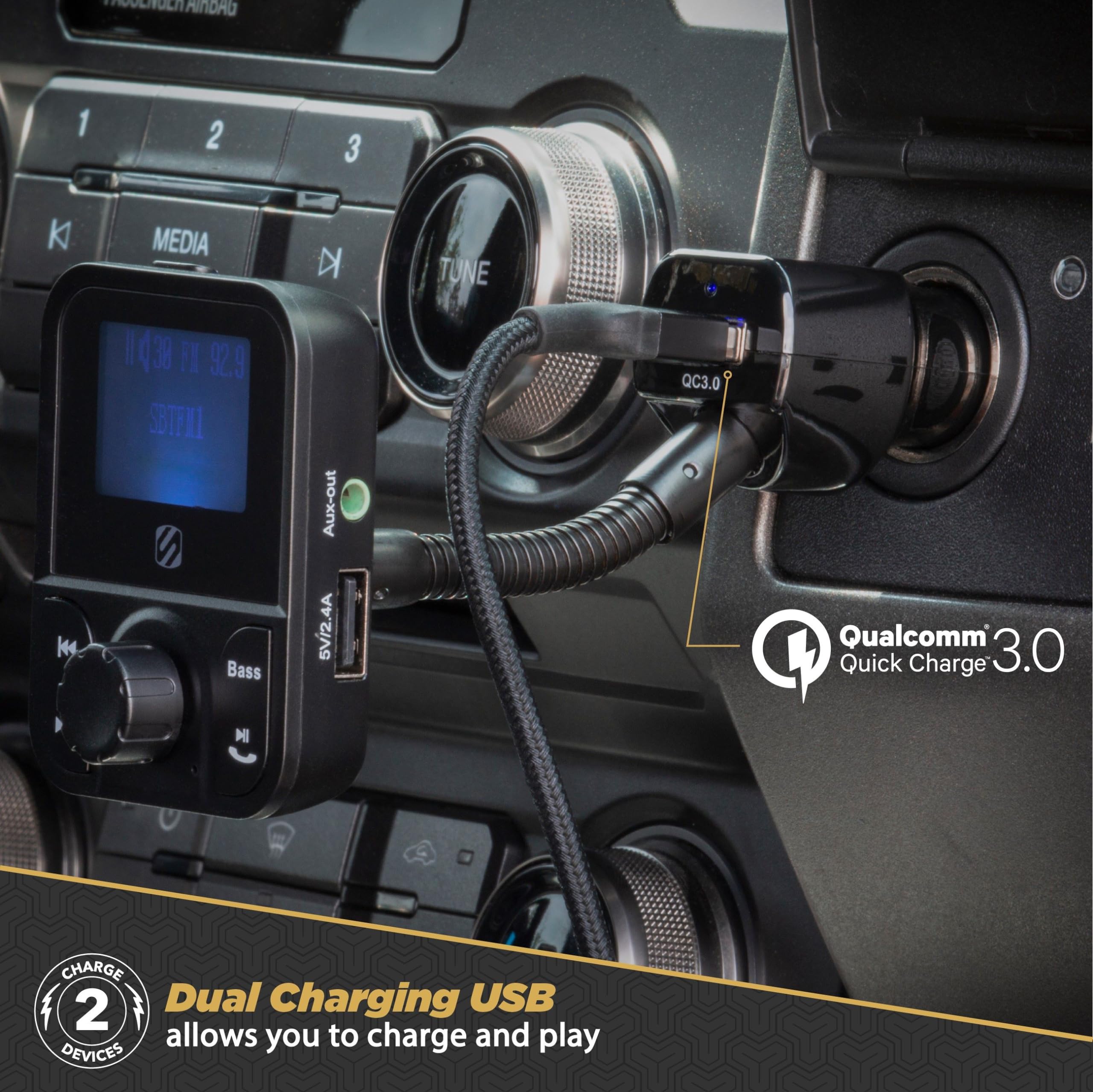 Scosche SBTFM1 XCES0 Bluetooth 5.0 FM Transmitter w/ Dual USB Charger Ports, LCD Screen, Adjustable Neck & Aux Port, Wireless Radio Bluetooth Adapter, Hands Free Car Kit for Phone Calls & Music Player