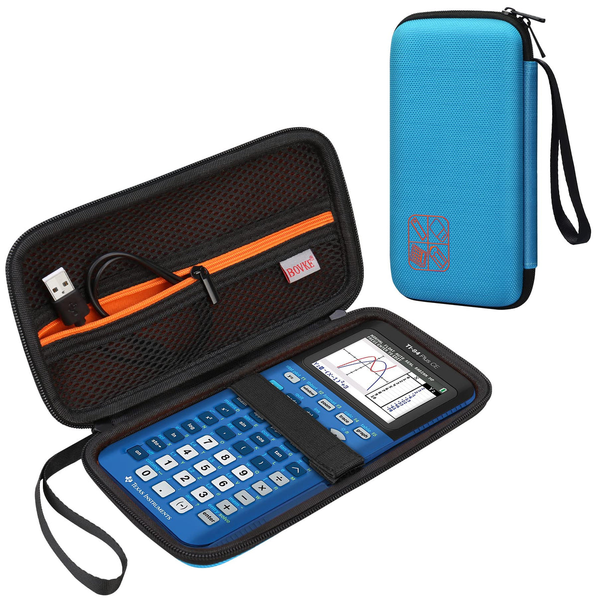 BOVKE Hard Graphing Calculator Carrying Case Replacement for Texas Instruments TI-84 Plus CE/TI-83 Plus CE/Casio fx-9750GII, Extra Pocket for USB Cables, Manual, Pencil, Ruler and Other Items, Blue