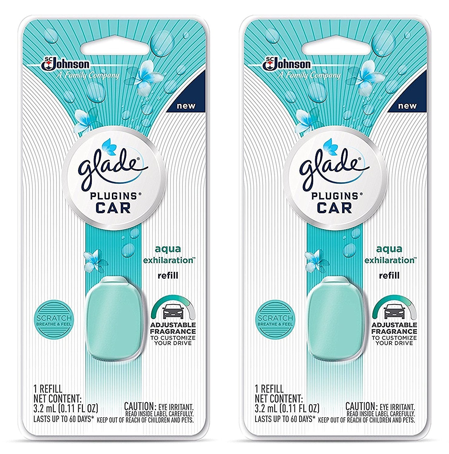 Glade Plugins Car Refill - Aqua Exhilaration - Net Wt. 3.2 mL (0.11 FL OZ) Per Refill - Pack of 2 Refills
