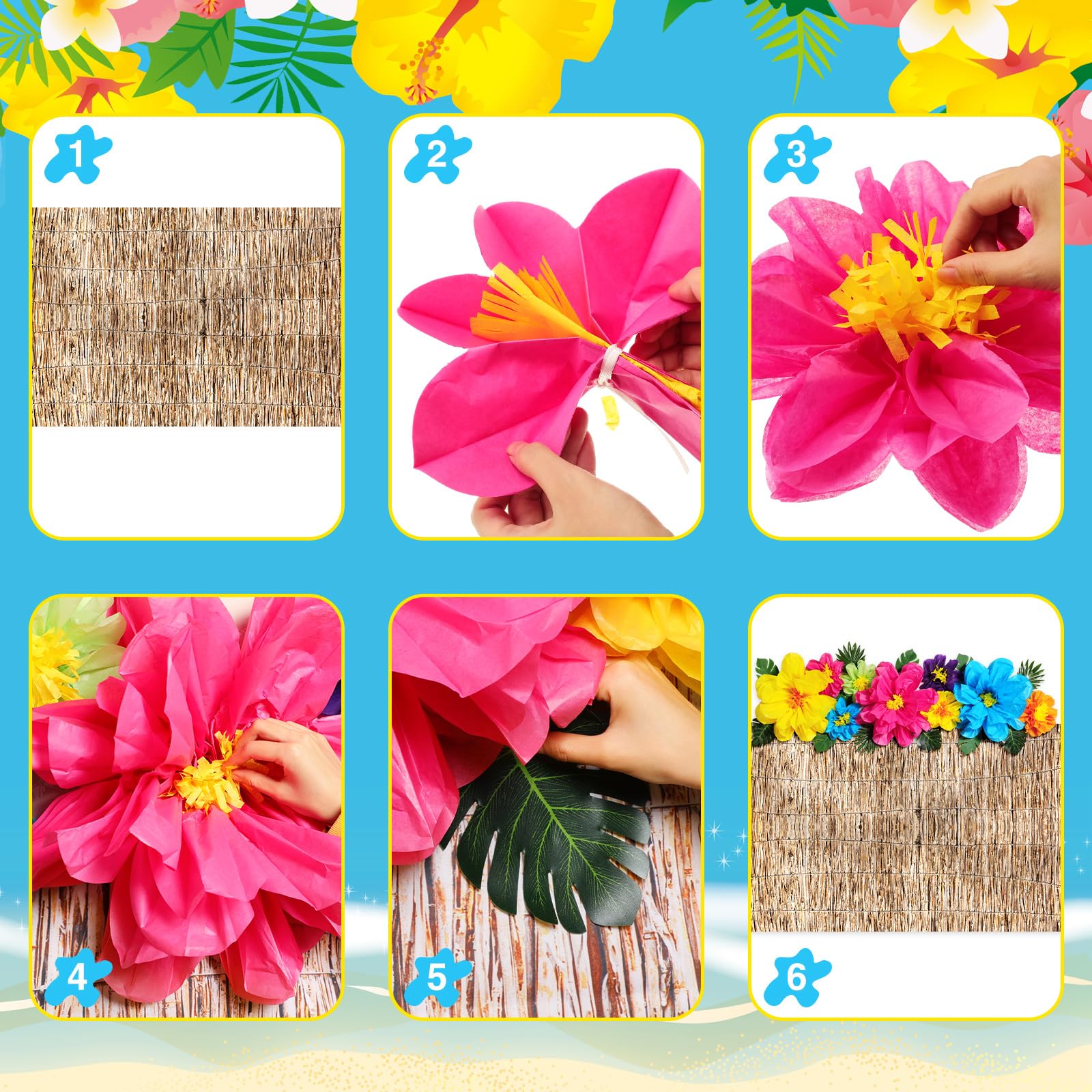 Canlierr 22 Pcs Hawaiian Beach Backdrop With Hawaii Paper Flowers Decorations Set 71 X 43 Inch Hawaiian Backdrop 3D Hibiscus Pap