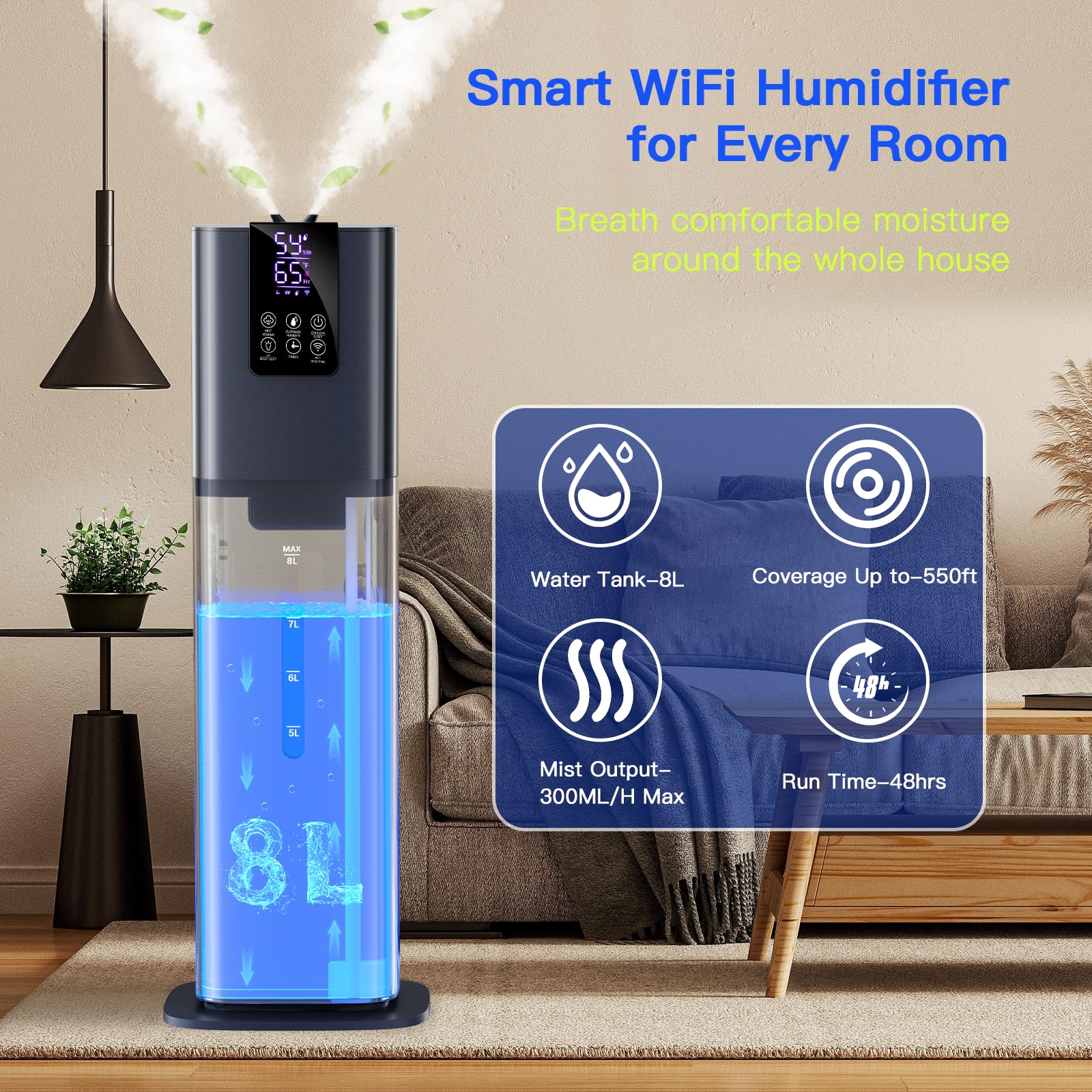 Smart Humidifiers Large Room Bedroom Home, 2.11Gal(8L) Quiet Top Fill Cool Mist Humidifier, Smart App & Remote Control, 3 Speed