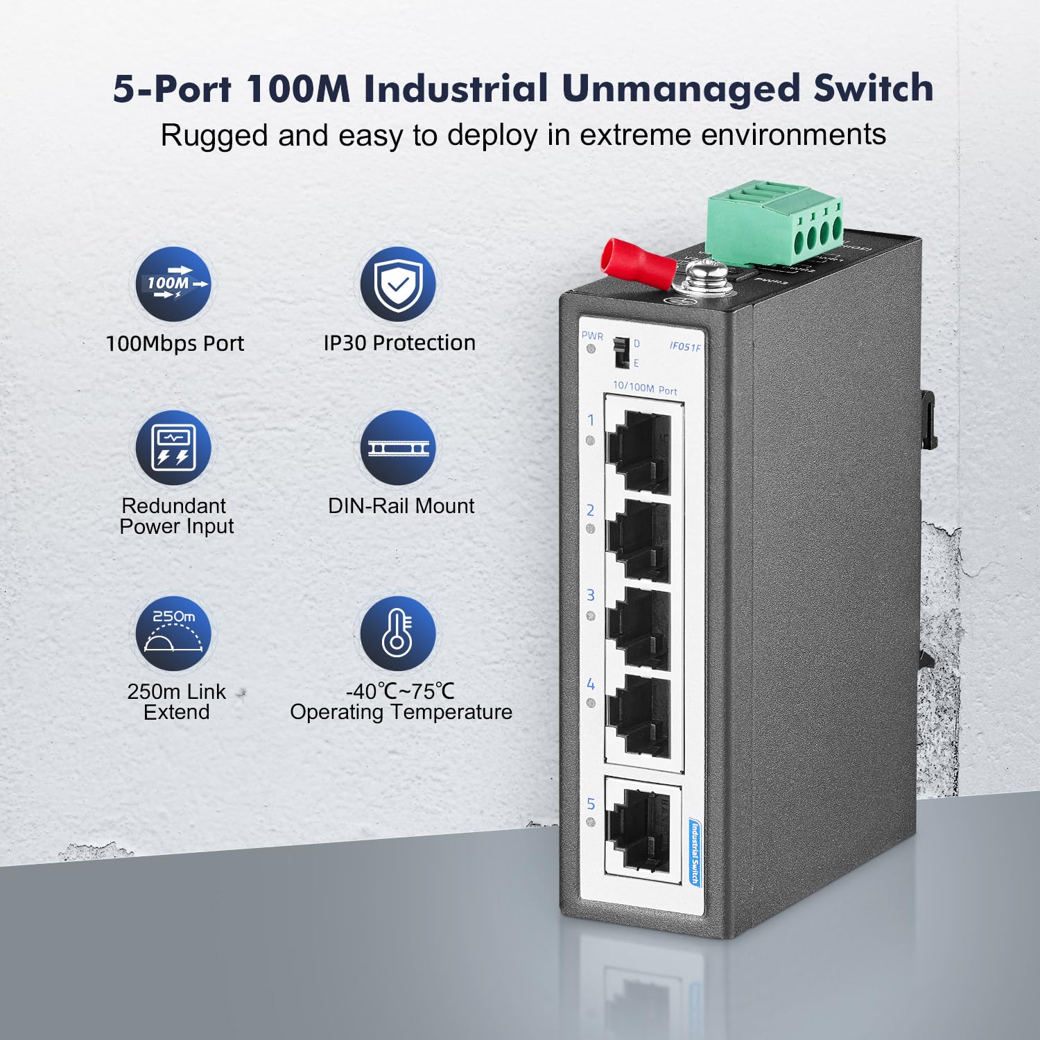 Yulinca 5 Port Mini Industrial Din Rail Switch, 4 Ports And 1 Uplink, 10/100Mbps Fast Ethernet, Din Rail & Wall Mount Included,