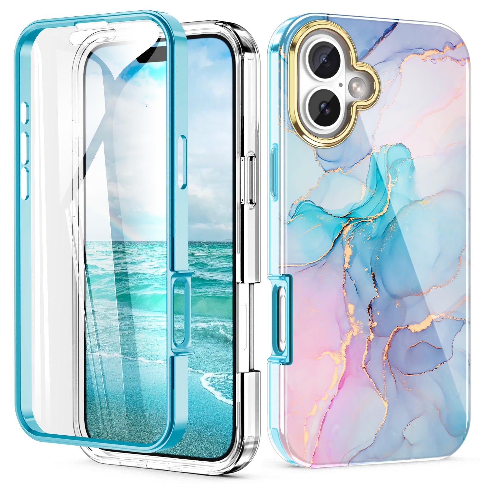 Turquiase Cute Marble Case For Iphone 16 Plus 6.7 Inch Built With Screen Protector, Lightweight And Stylish Full Body Shockproof