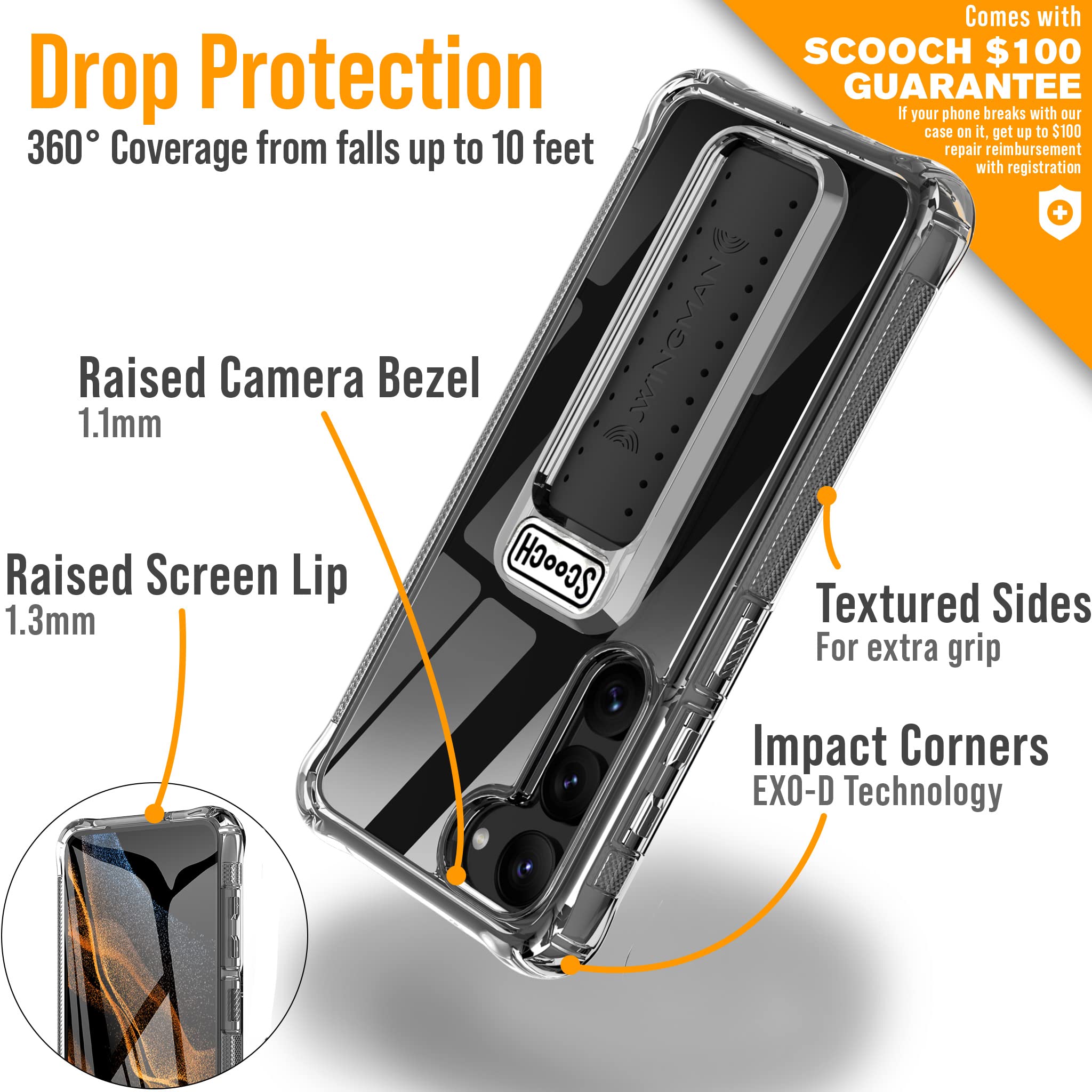 Scooch Wingman Case With Pop Out Car Mount, Grip, And Kickstand For Samsung Galaxy S23 Case [10 Ft Drop Protection] Bundled Wing