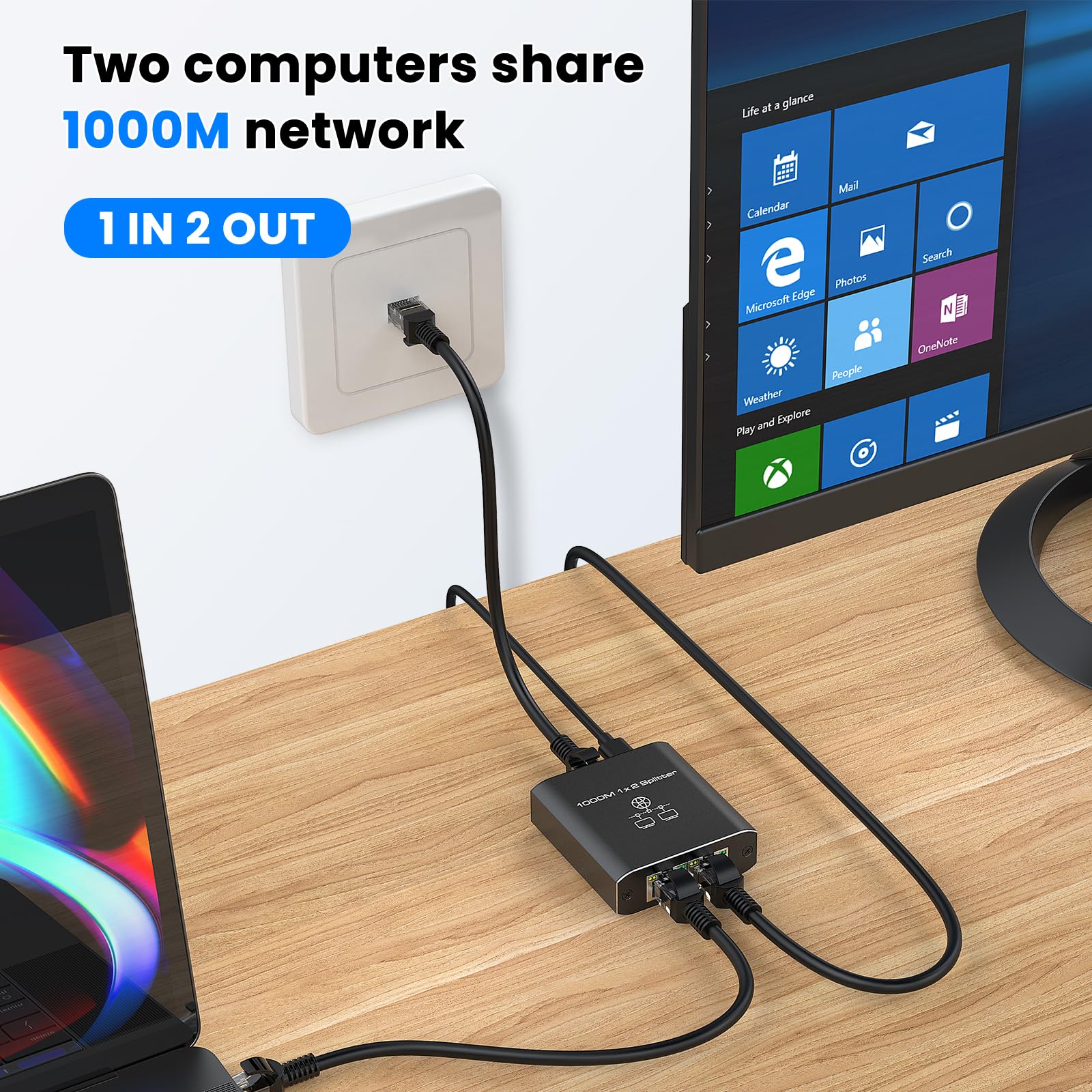 Gigabit Ethernet Splitter 1 To 2 High Speed 1000Mbps, Lan Network Splitter With Usb Power Cable, Gigabit Rj45 Internet Ethernet