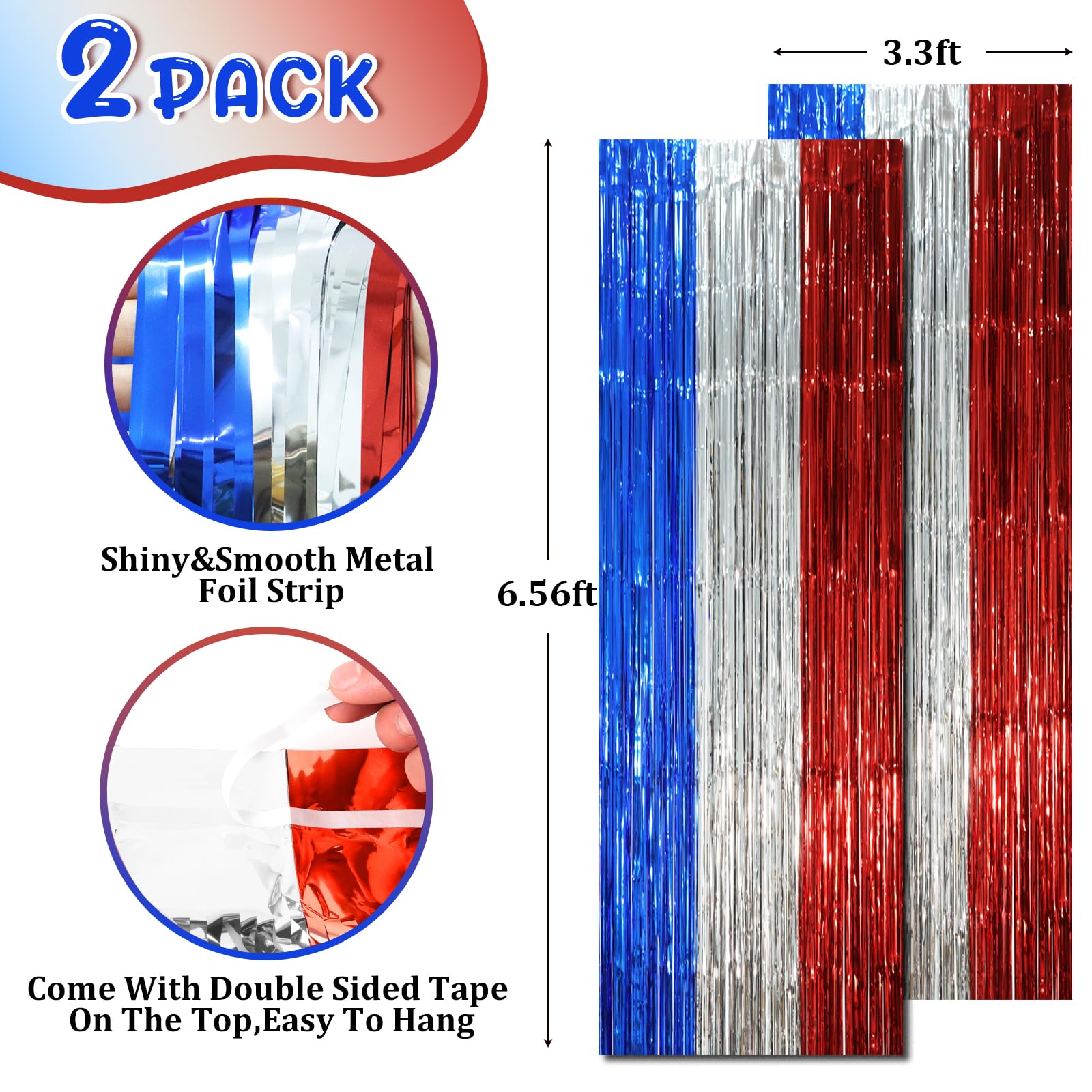Voircoloria 2 Pack 3.3 X 8.2 Ft Blue Red Silver Foil Fringe Backdrop Curtains, Tinsel Streamers Party Decorations, Fringe Backdr