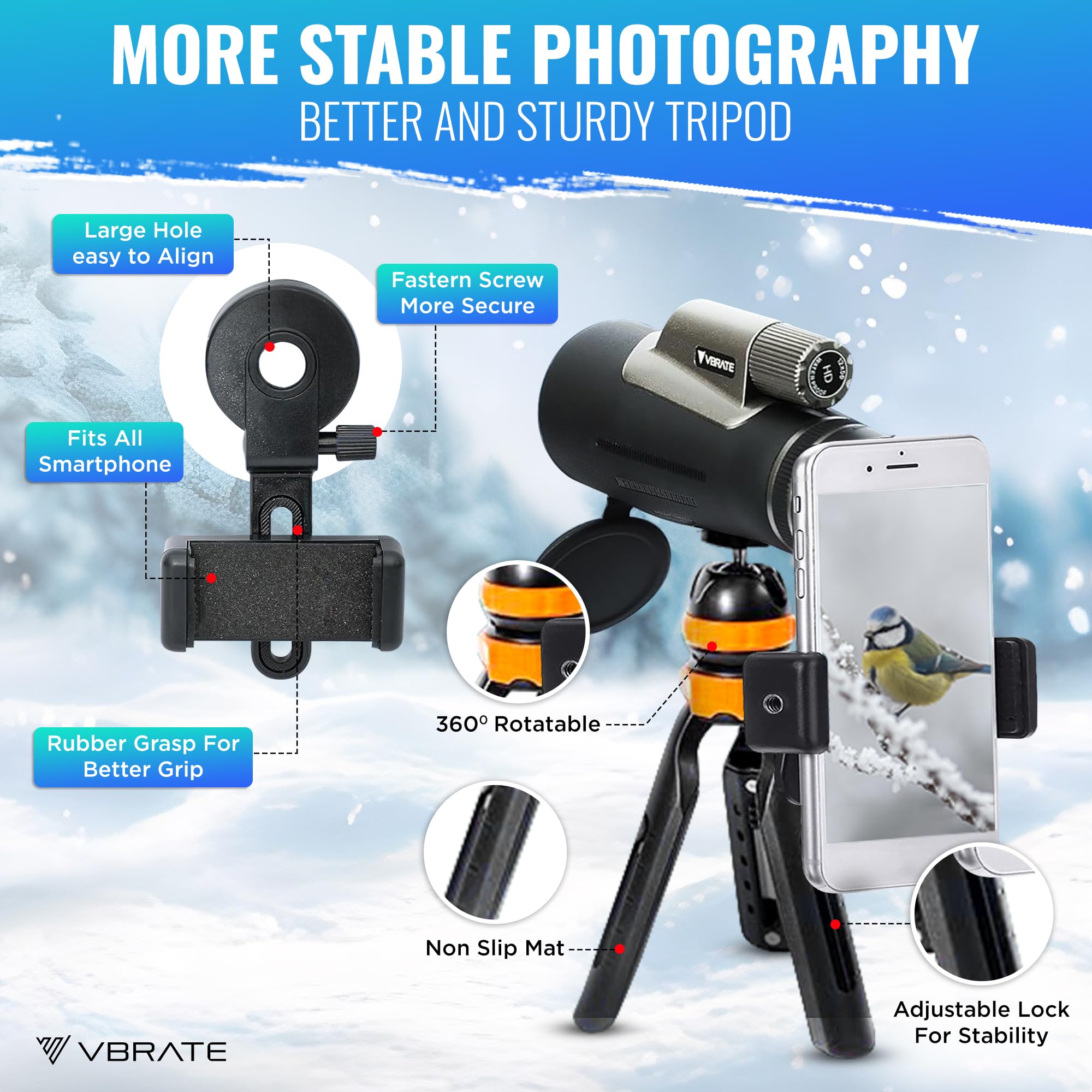 Vbrate Monocular Telescope   12X56 Telescope With Smartphone Adapter, Tripod   Compact Monocular Scope With Low Light Night Visi