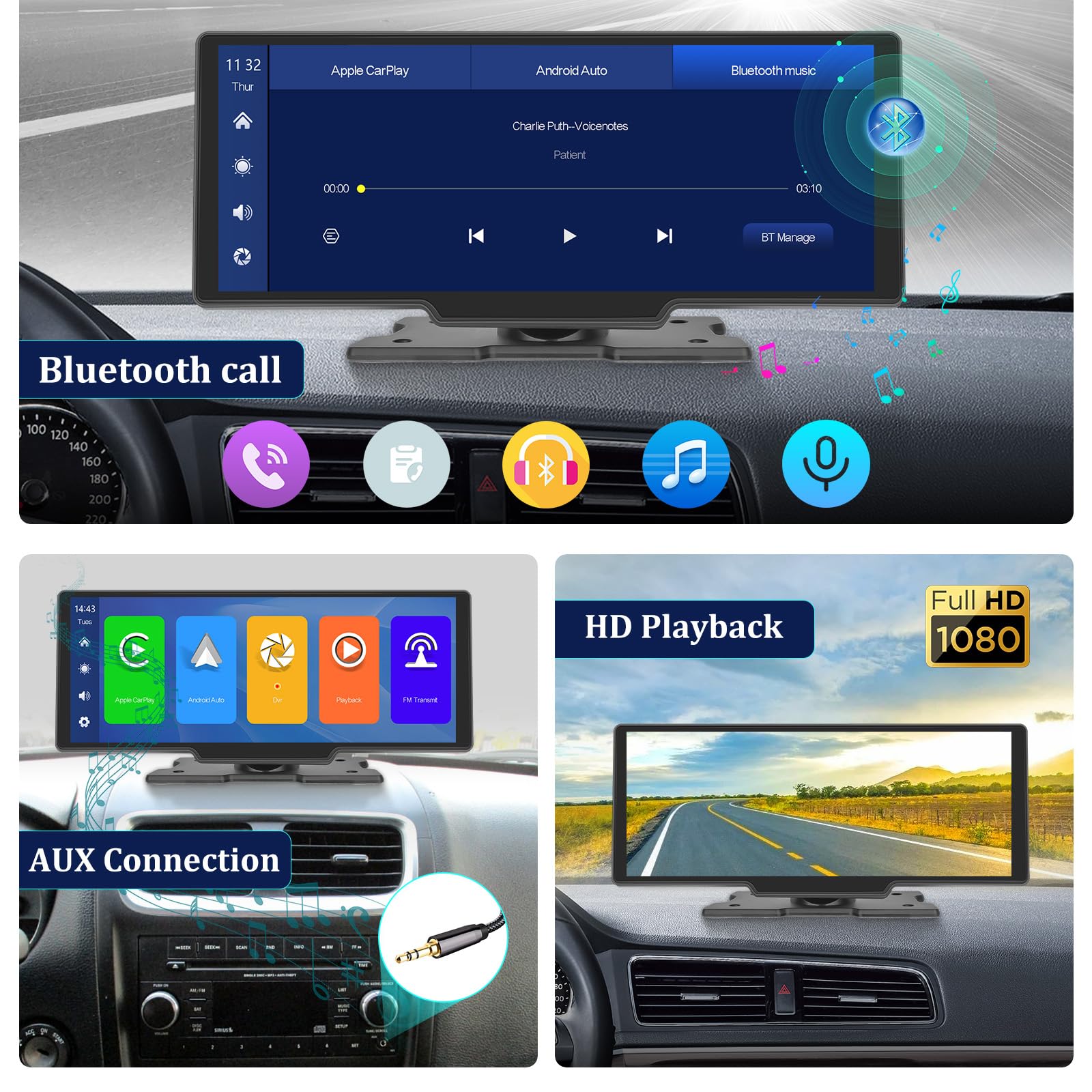 Carplay Screen Stereo 10.3 Inch Hd Wireless Portable Car Buddy Touchscreen Radio, Car Play & Android Auto Fm Transmission Blueto