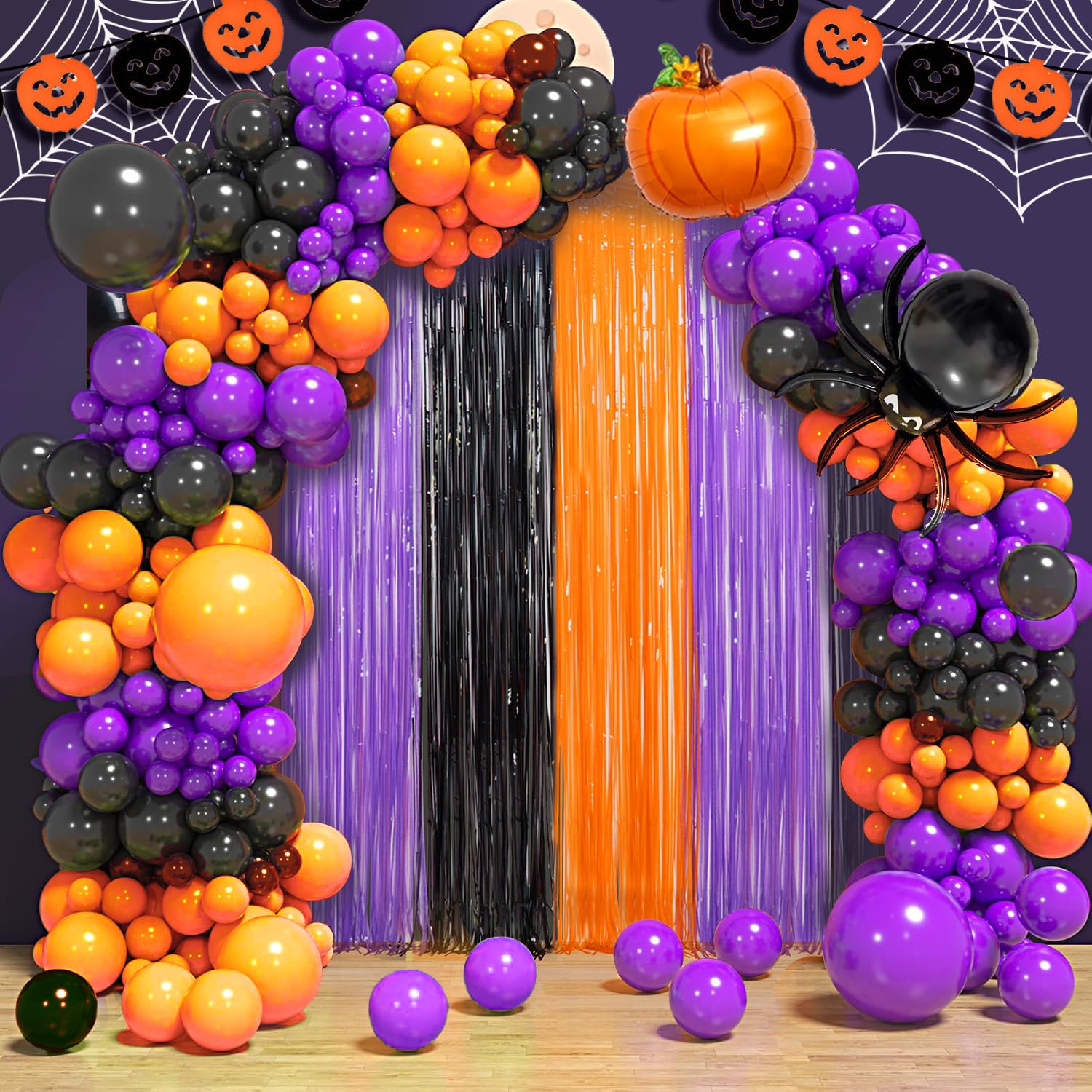 Halloween Party Decoration, 2 Pack Halloween Foil Fringe Curtains, Orange Purple Black Metallic Tinsel Foil Fringe Curtains Phot