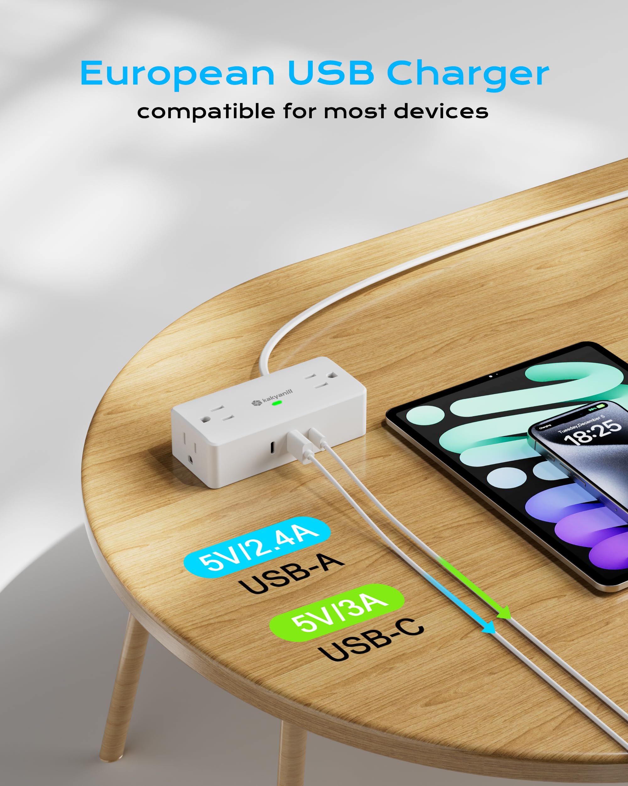 Kakyanill Italy Travel Plug Adapter, Italy Power Adapter, 4 Ac Outlets, 3 Usb Ports (2 Usb C), 5Ft Flat Extension Cord, For Ital