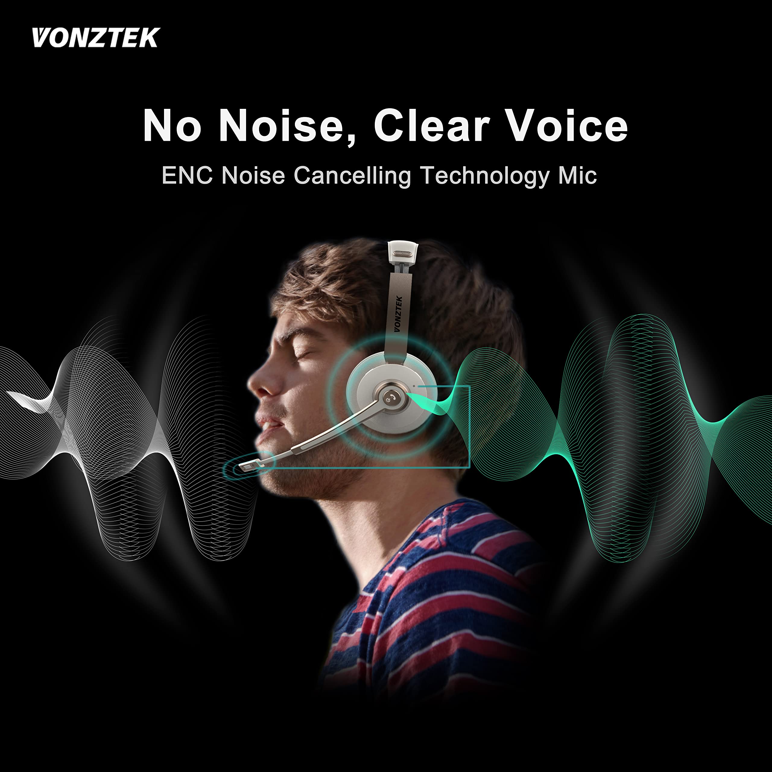 Vonztek Wireless Headset, Bluetooth Headphones With Microphone Noise Cancelling, 26Hrs Wireless Headset With Mic Mute For Smartphone/Laptop/Zoom/Teams/Call Center/Home/Office