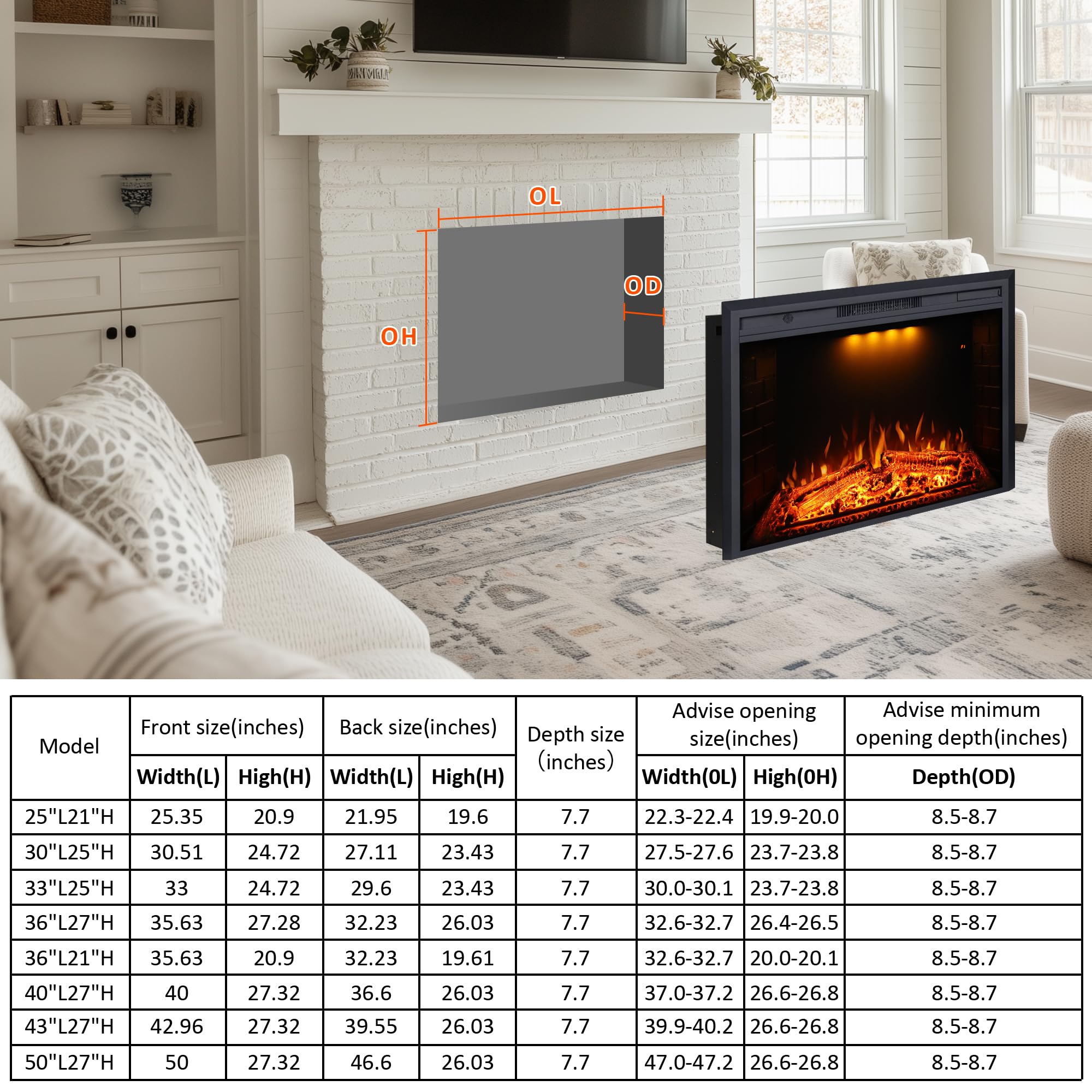 Valuxhome Electric Fireplace, 40 Inches Fireplace Insert, Electric Heater With Overheating Protection, Fire Crackling Sound, Rem