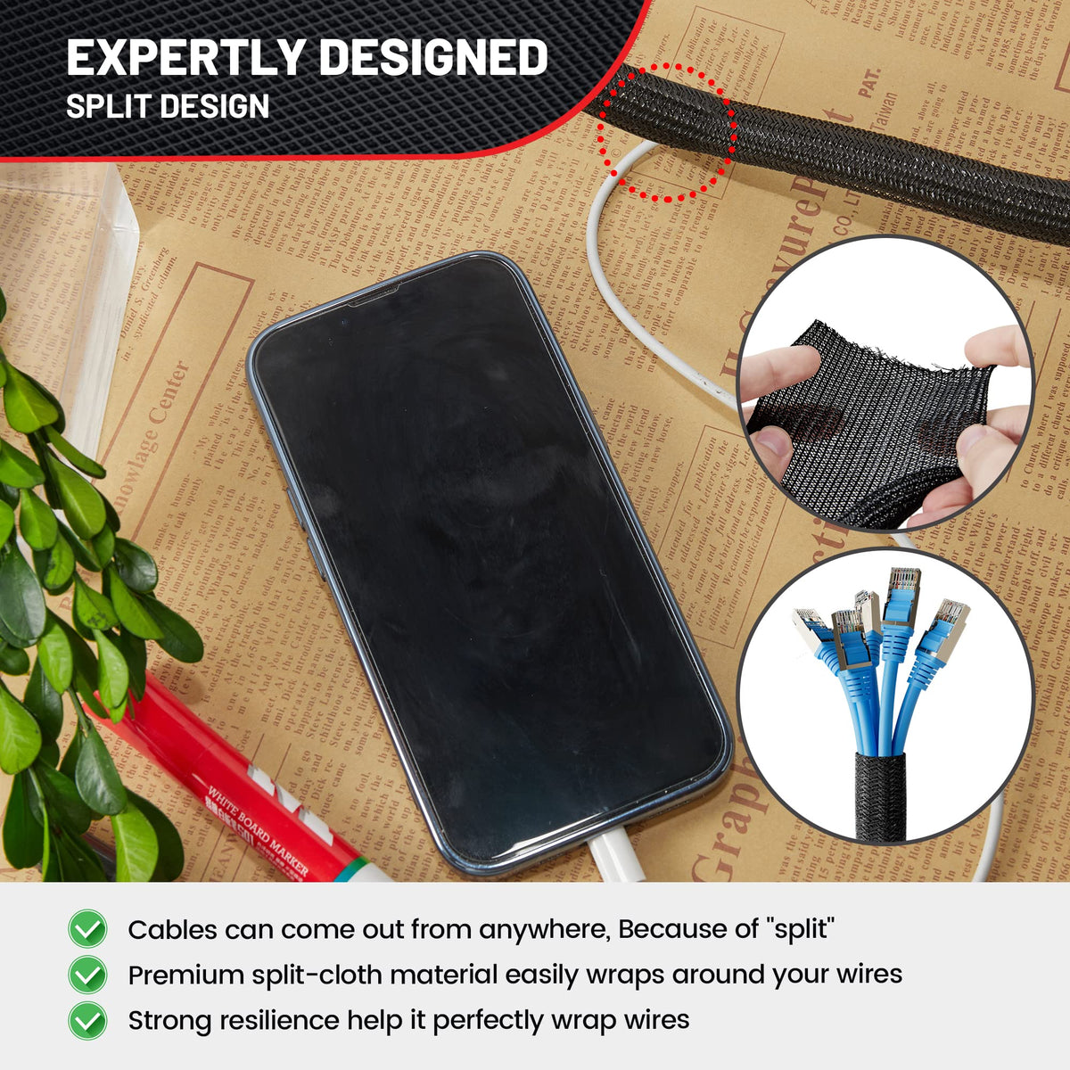 Red Wolf Cable Sleeves Cord Management Braided Wire Loom Split Sleevin ...