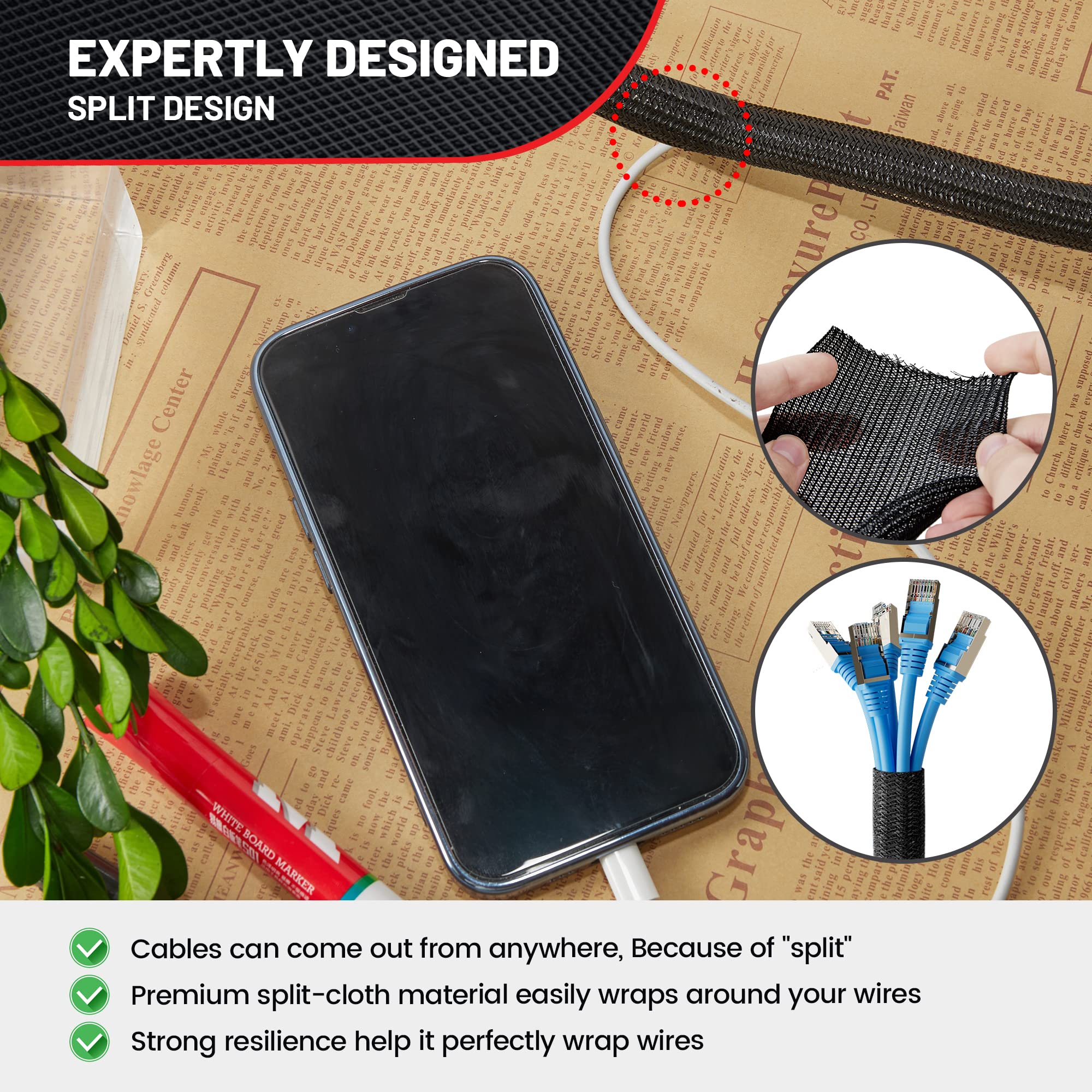 Red Wolf 10 Feet   3/4'' Split Cable Sleeves Cord Management Braided Wire Loom Sleeving Protector Wiring Cable Cover Flexible Se