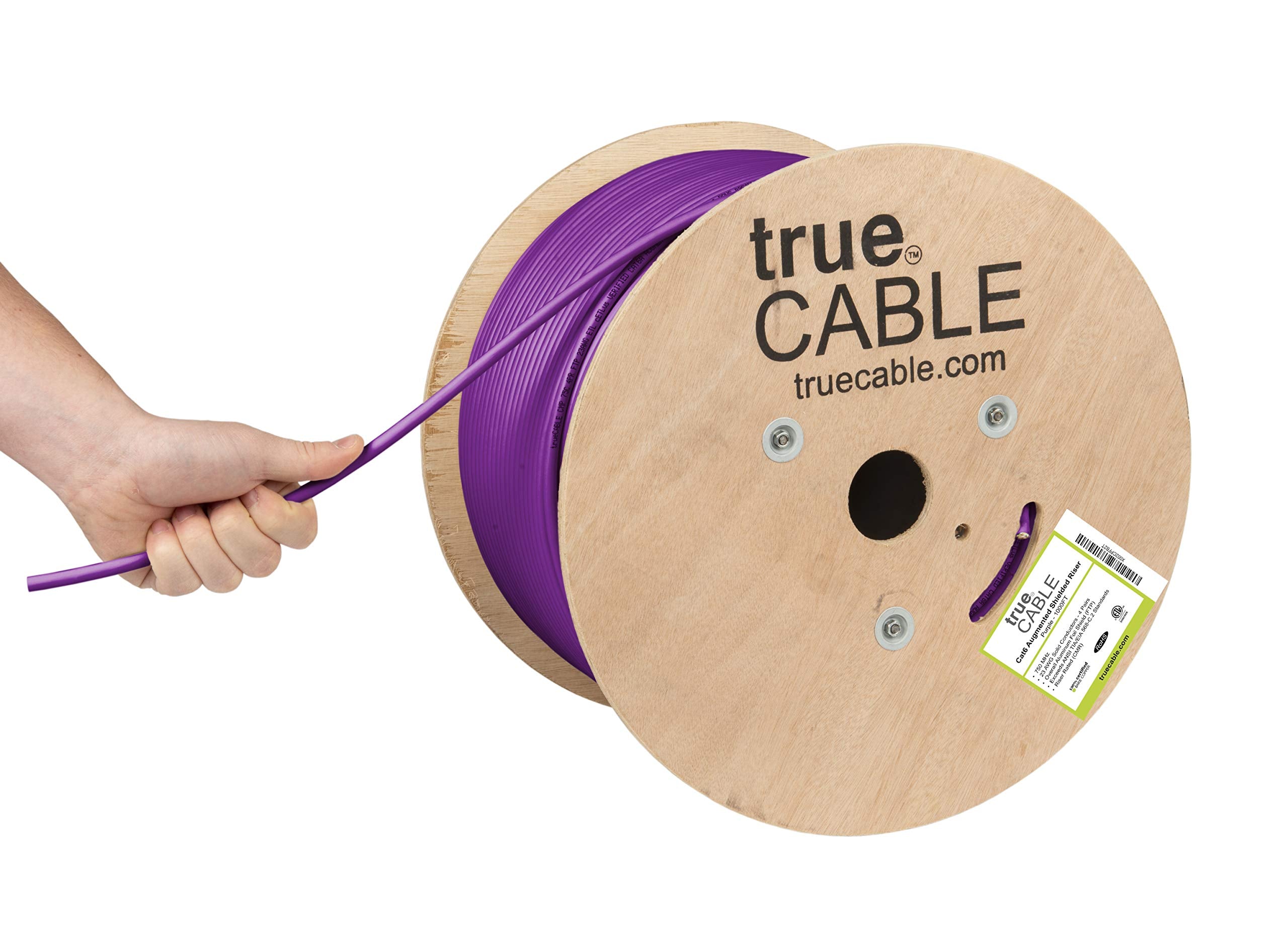 Truecable Cat6A Shielded Riser (Cmr), 1000Ft, Purple, 23Awg Solid Bare Copper, 750Mhz, Poe++ (4Ppoe), Etl Listed, Overall Aluminum Foil Shield (F/Utp), Bulk Ethernet Cable