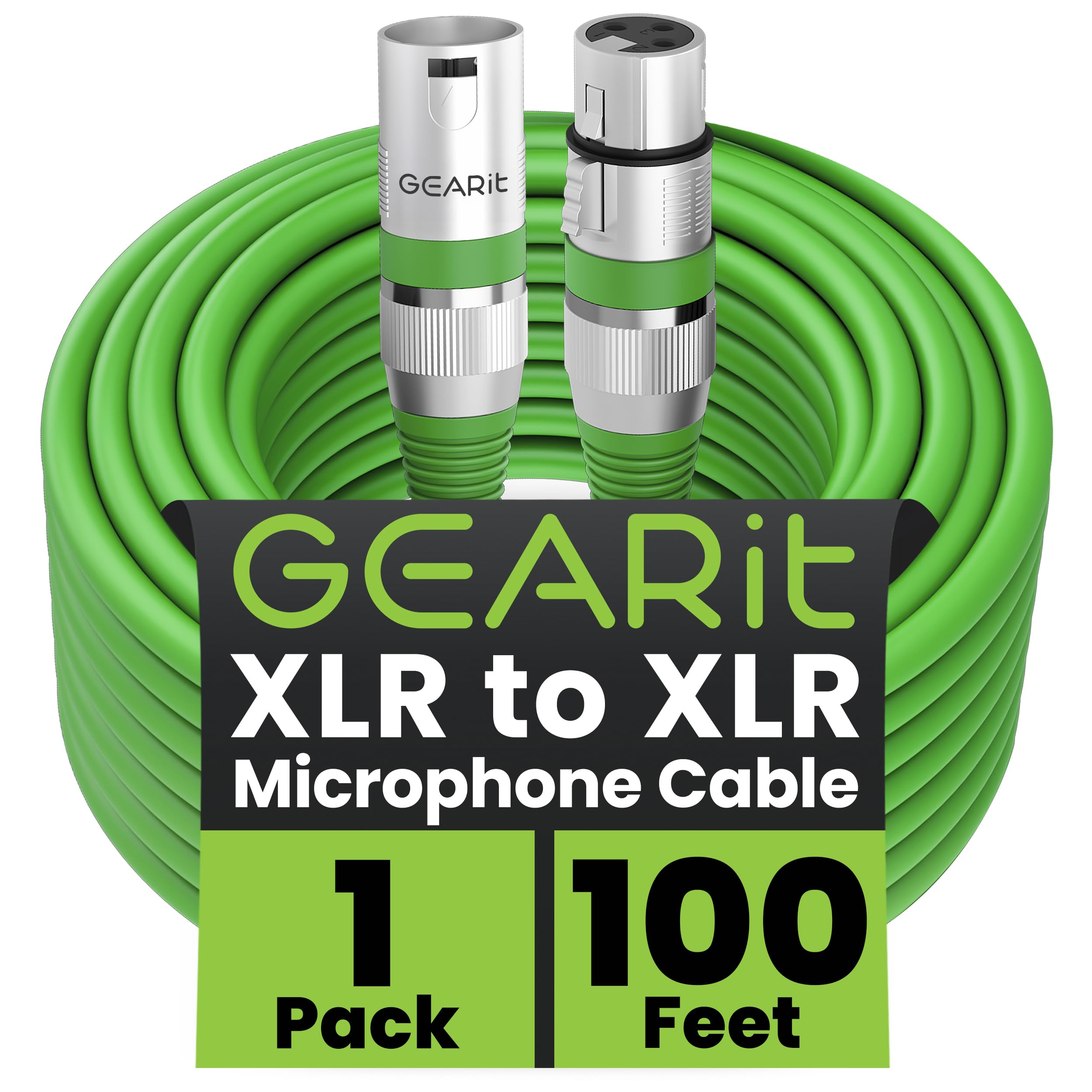 GEARit XLR Male to Female Microphone Cable (100 Feet, 1 Pack) 3-Pin Balanced Shielded Mixer, Recording Studio, Podcast - Green