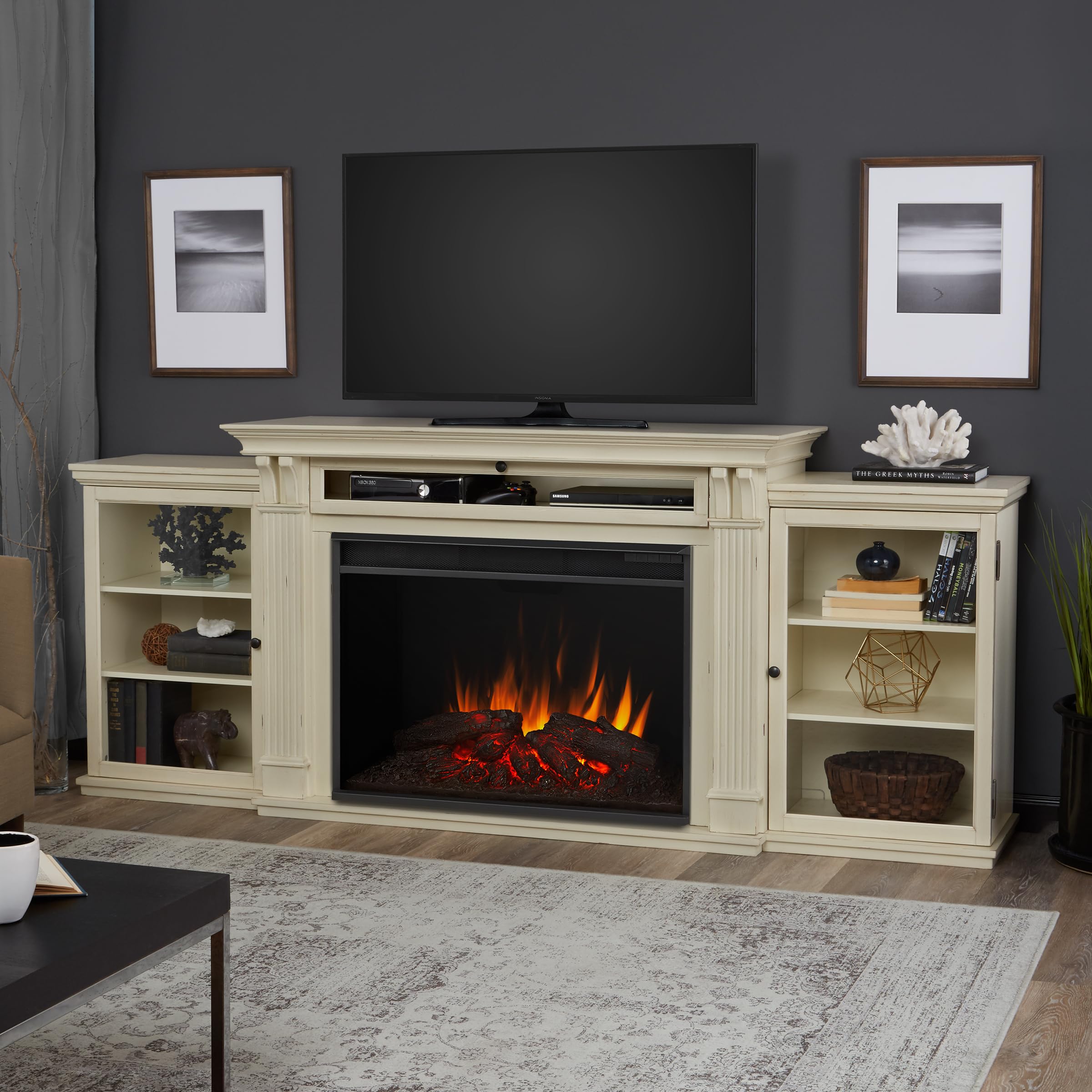 Real Flame Tracey 84'' Grand Electric Fireplace Tv Stand For Tvs Up To 80 Inches, Entertainment Center With Adjustable Shelves A