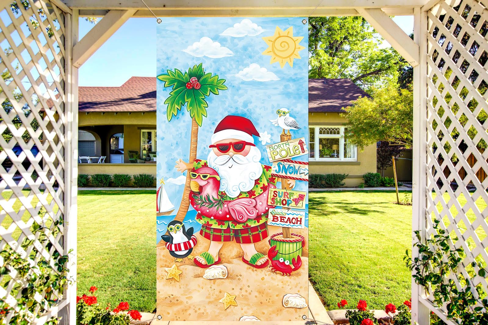 Sunwer Christmas July Door Cover Tropical Summer Beach Hawaiian Themed Party Decoration Santa Palm Tree Front Porch Sign Backdro