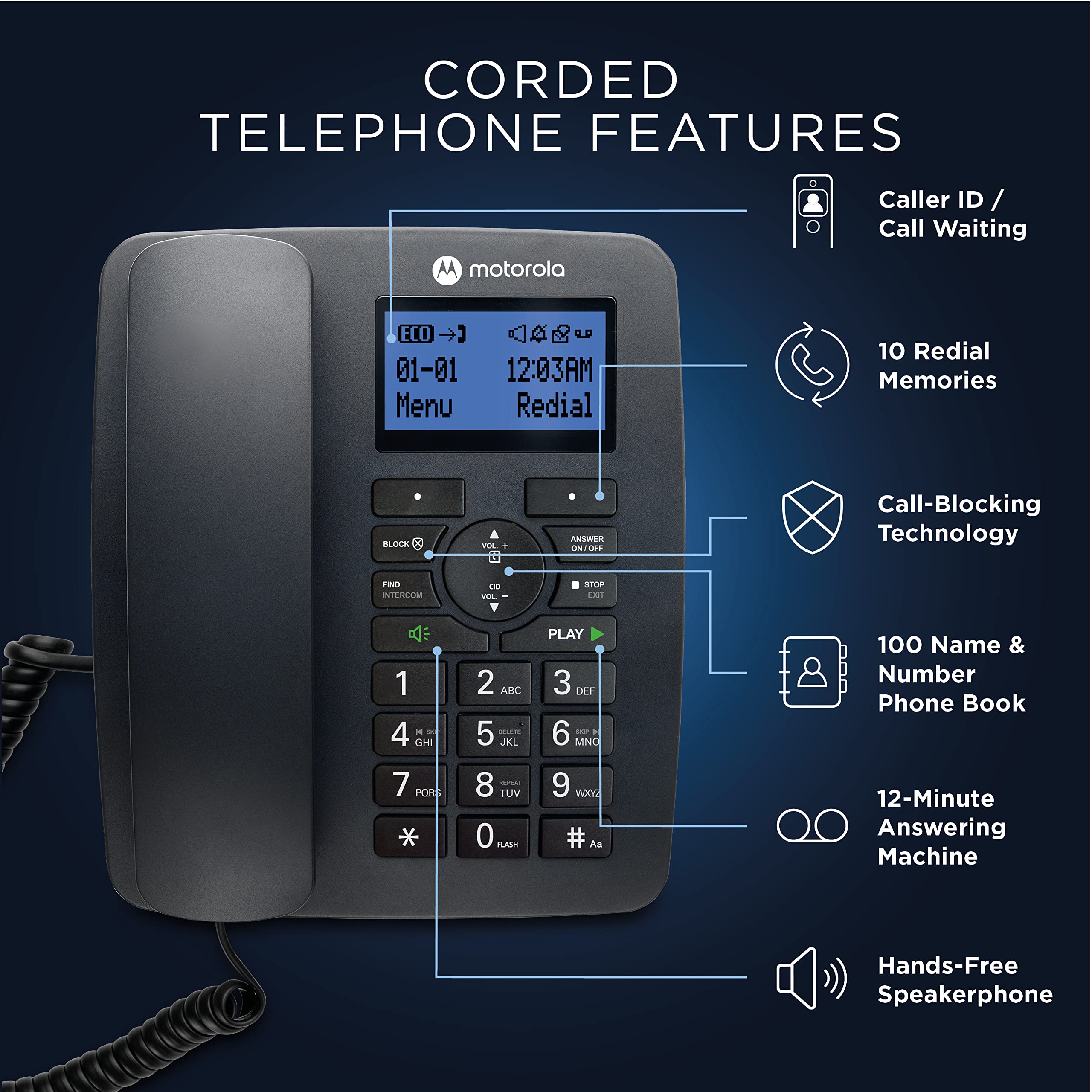 Motorola Voice C42 Corded Phone System + 3 Digital Cordless Handsets W/Answering Machine, Call Block   Black (C4203)