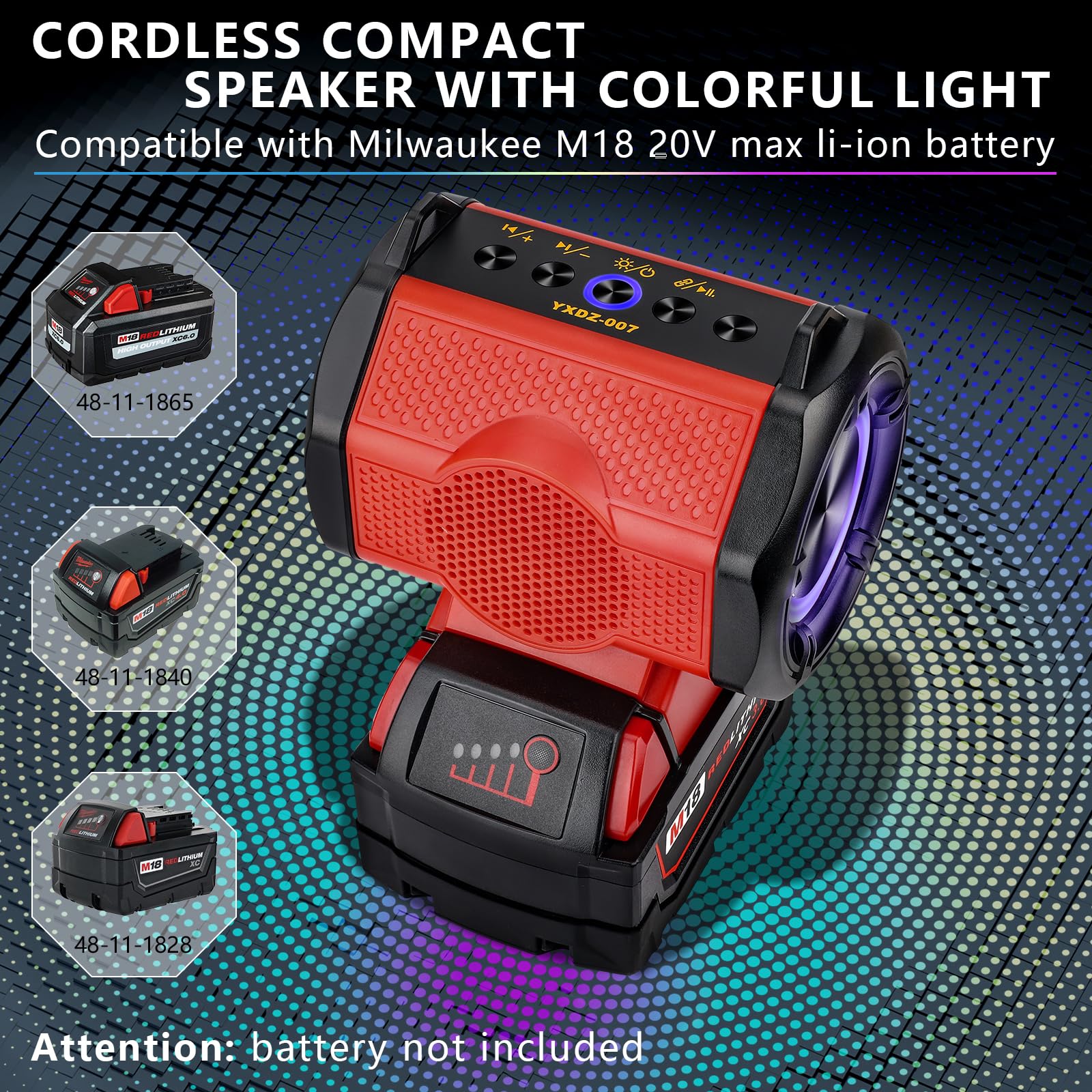 WaxPar Bluetooth Speaker for Milwaukee M18 18V Battery - Portable, 20W HD Sound, USB & Type-C, Bluetooth 5.3, 24H Playtime, Red