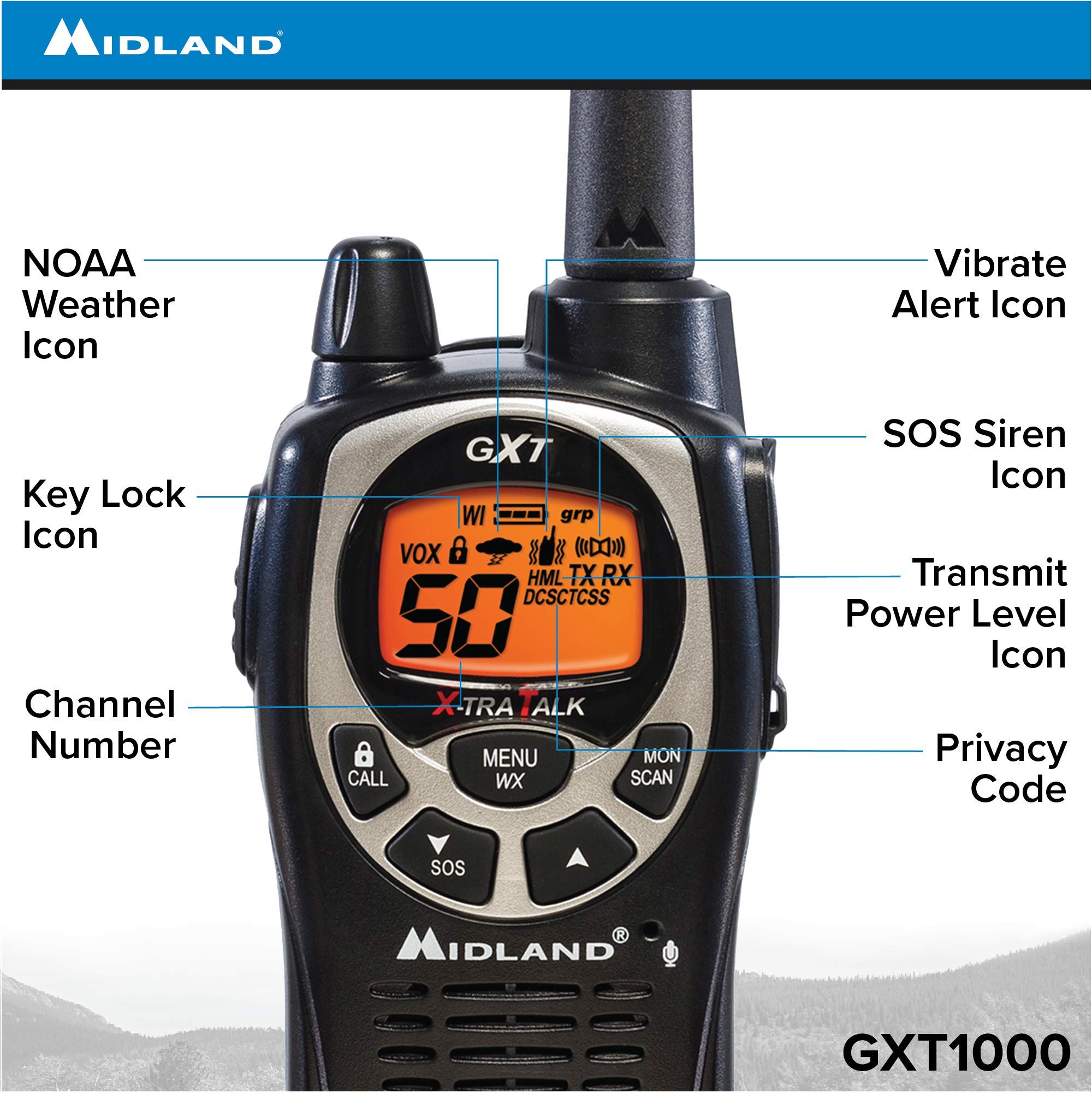 Midland Gxt1000Vp4 50 Channel Gmrs Two Way Radio   Up To 36 Mile Range Walkie Talkie   Black/Silver (Pack Of 4)