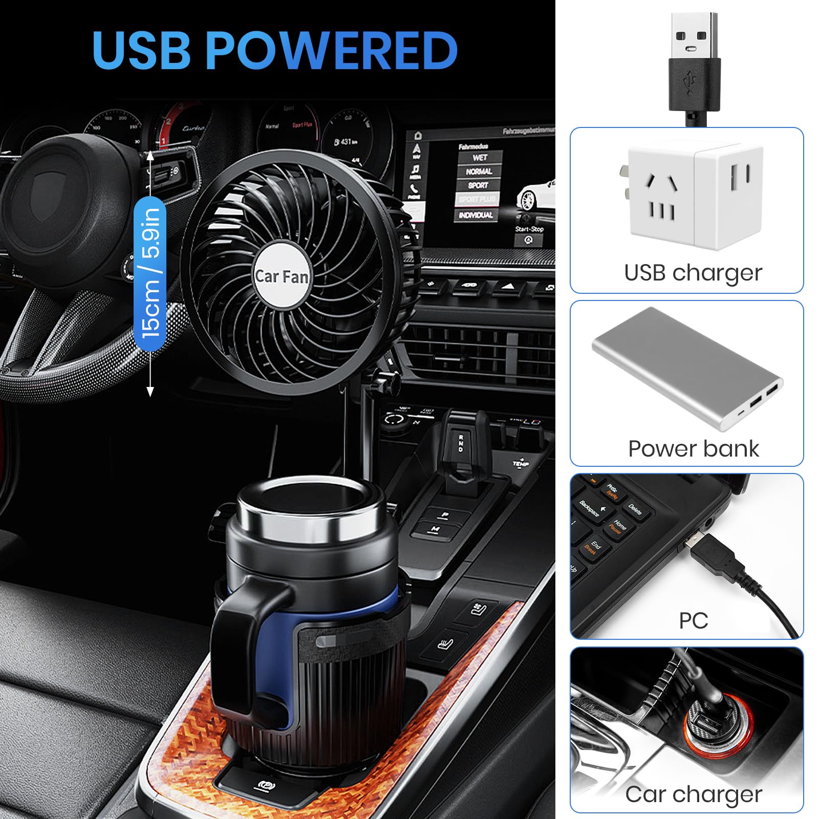 Car Fan, 2 In 1 Usb Fan Cup Holder Expander For Car, 6Inch Portable Vehicle Cooling Fan For Car Vehicle, Suv, Rv, Truck, Office,