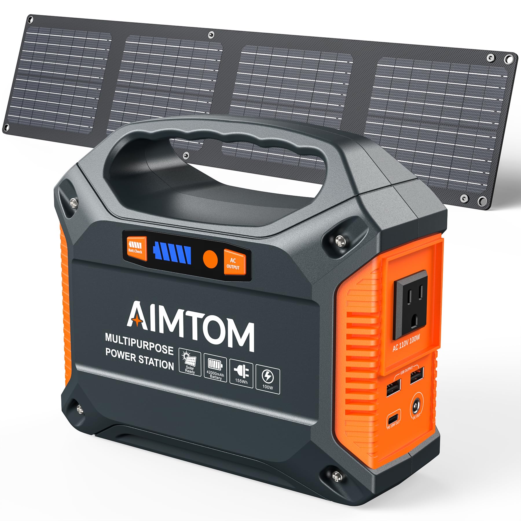 AIMTOM 155Wh Portable Power Station with 30W Solar Panel - 150W Peak/110V AC, 18W USB-C, 2x USB-A & 12V DC - Solar Generator for