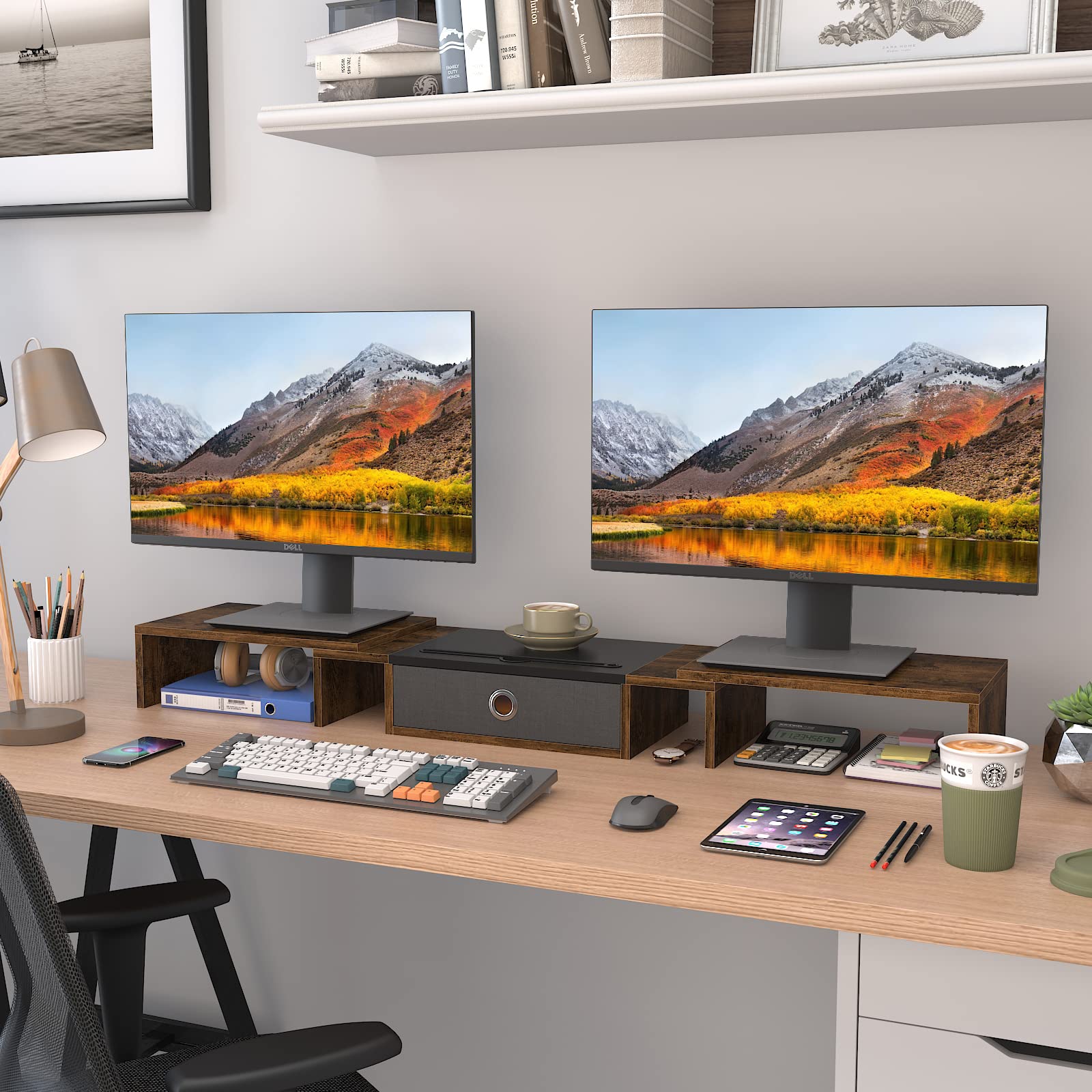 Westree Triple Dual Monitor Stand Riser With Drawer,Extra Large Adjustable For 2~3 Monitors,Solt For Phone & Tablet, Desktop Org