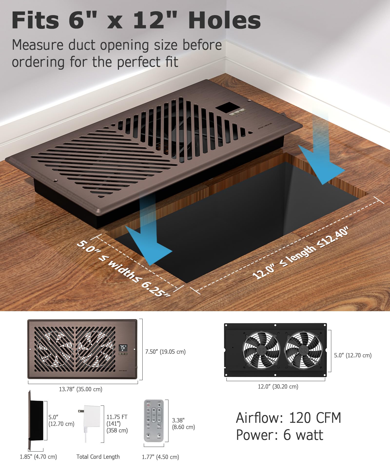 Atom Nexus Airblaze Z6, Quiet Register Booster Fan Fits 6   X12    Register Holes, Smart Vent Booster Fan With Thermostat Contro