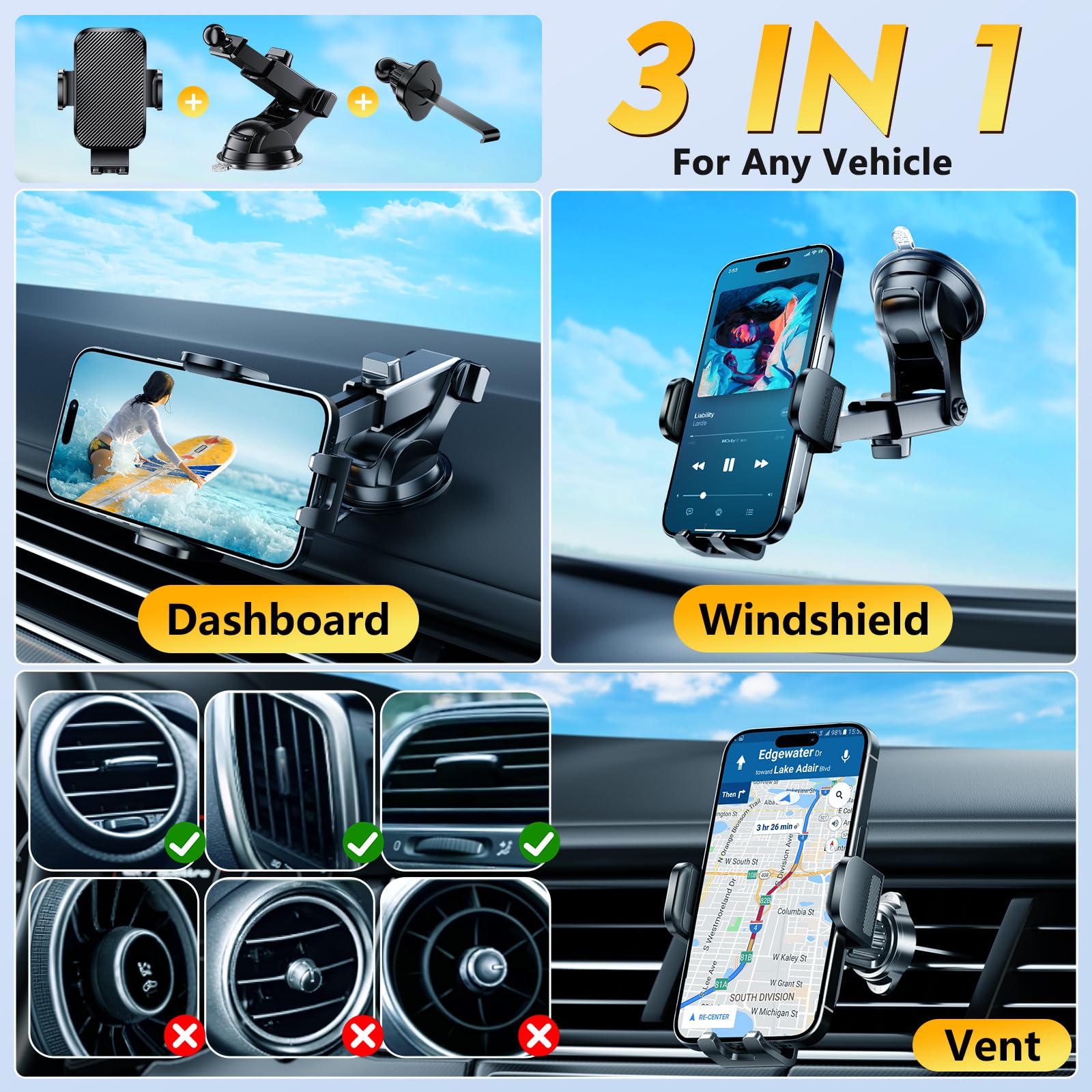 Phone Holders For Your Car 2025 Upgraded Military-Grade Strongest Suction & Stable Clamp Arm Car Phone Holder Mount 360Adjustabl
