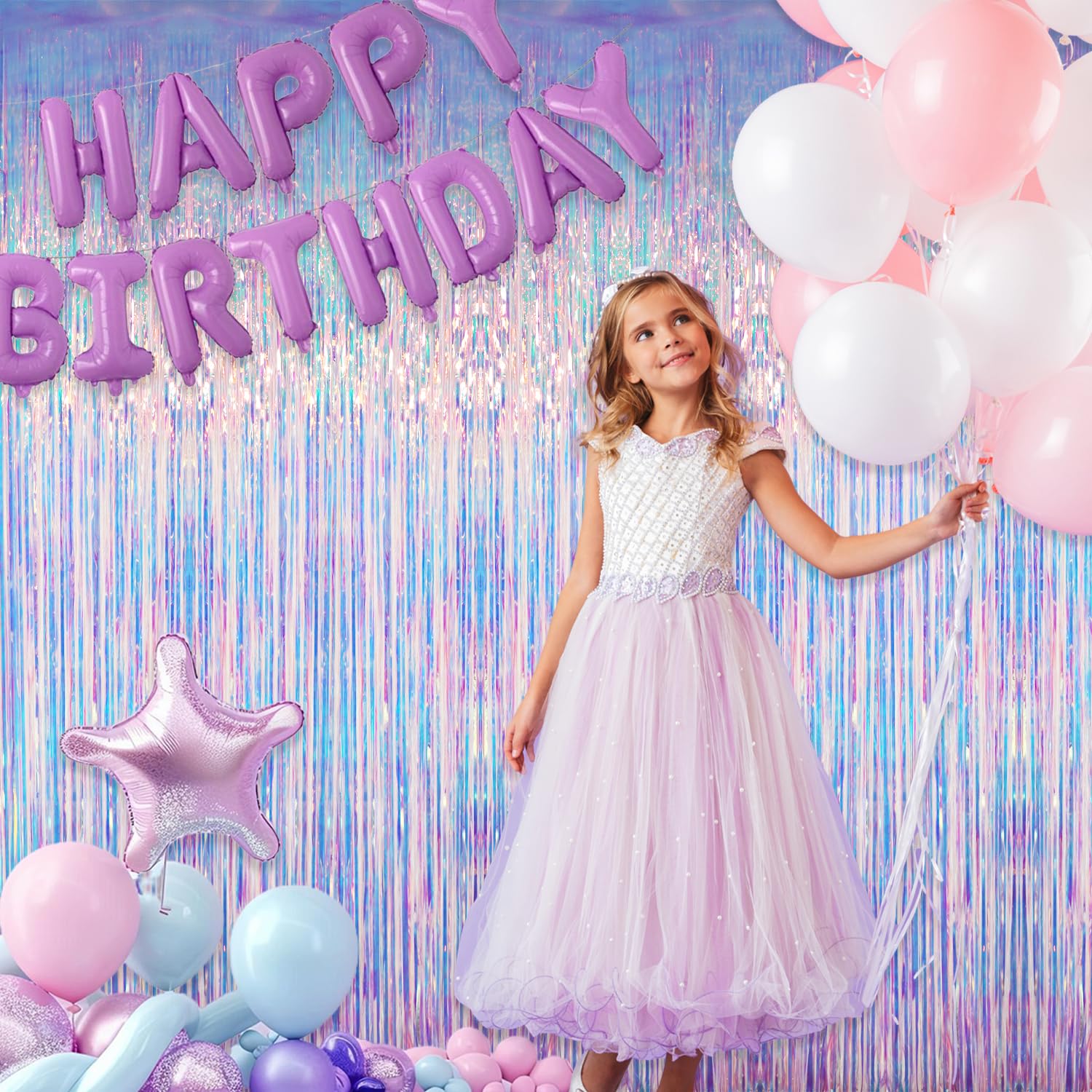 Goer 6.4 Ft X 6.5 Ft Metallic Tinsel Foil Fringe Curtains,Pack Of 2 Party Streamer Backdrop For Mermaid Birthday Party Decoratio