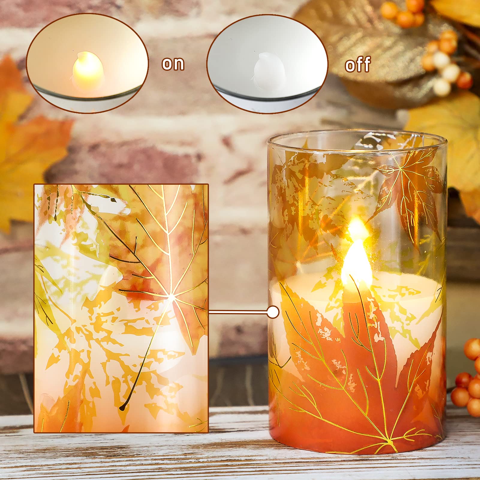 Flavcharm Fall Decor Flameless Candles, Battery Operated With Remote, Maple Leave Glass Led Flickering Candles Realistic Pillar