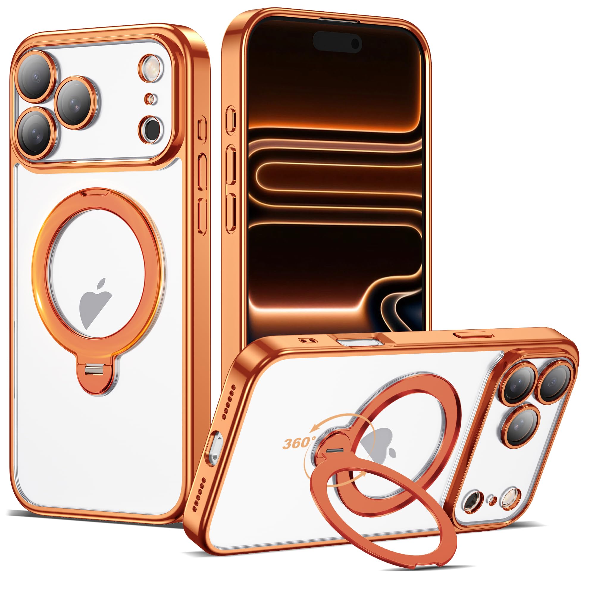 AmoraAqua Compatible with iPhone 17 Pro Case with 360 Spin Magnetic Ring Stand [Compatible with Mag-Safe] Full Camera Lens Prote