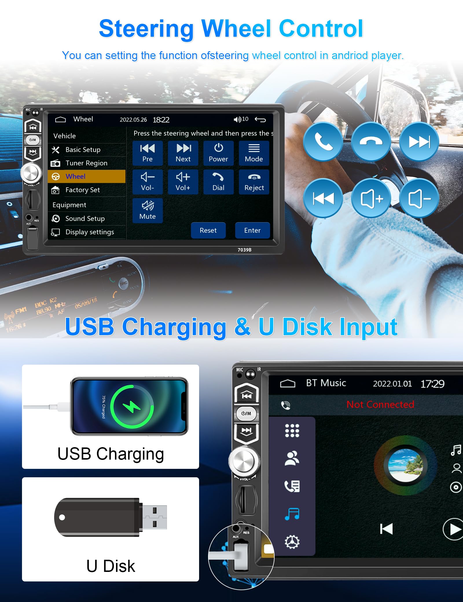 Single Din Car Stereo Radio With Apple Carplay Android Auto Bluetooth 5.1, Podofo 7 Inch Hd Ips Touchscreen Car Radio Audio Support Fm Radio Mirror Link Swc Usb/Tf/Aux In Ports+Backup Camera