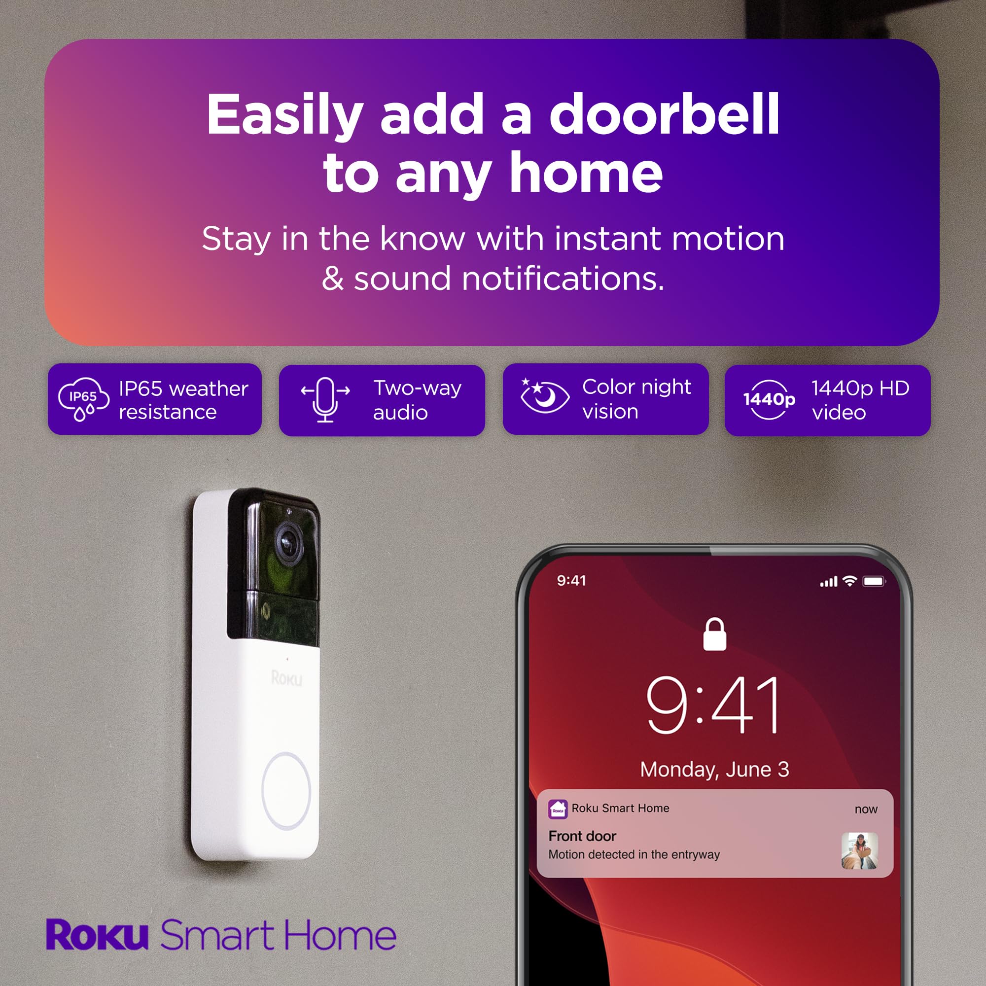 Roku Smart Home Wireless Video Doorbell & Chime   1440P Hd Night Vision Ultrawide View Doorbell Camera With Motion & Sound Detec