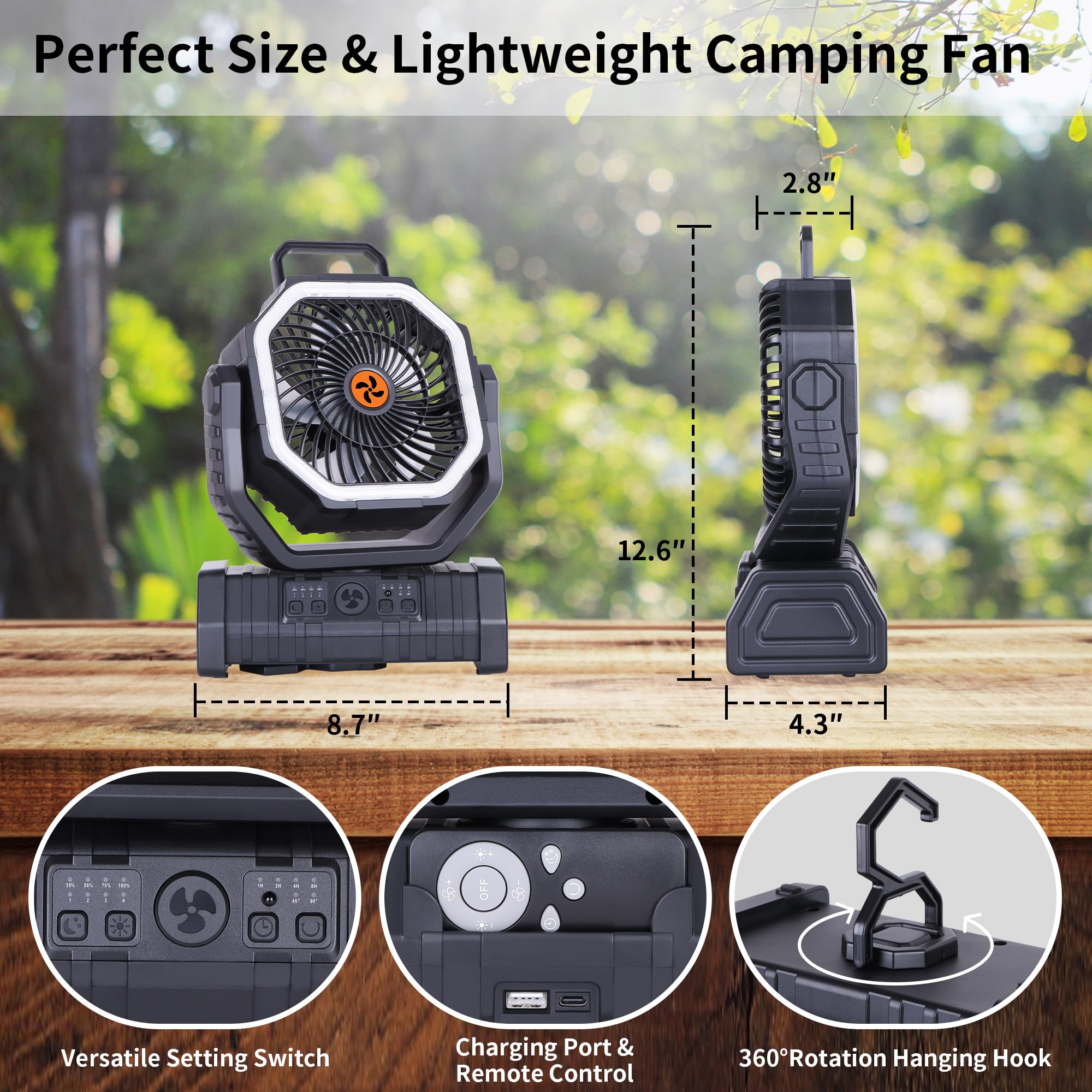 ???????????????? Rechargeable Fan Portable,????????Battery Powered Camping Fan With Light,Workup ?????? & ???? Timer & Remote,Au