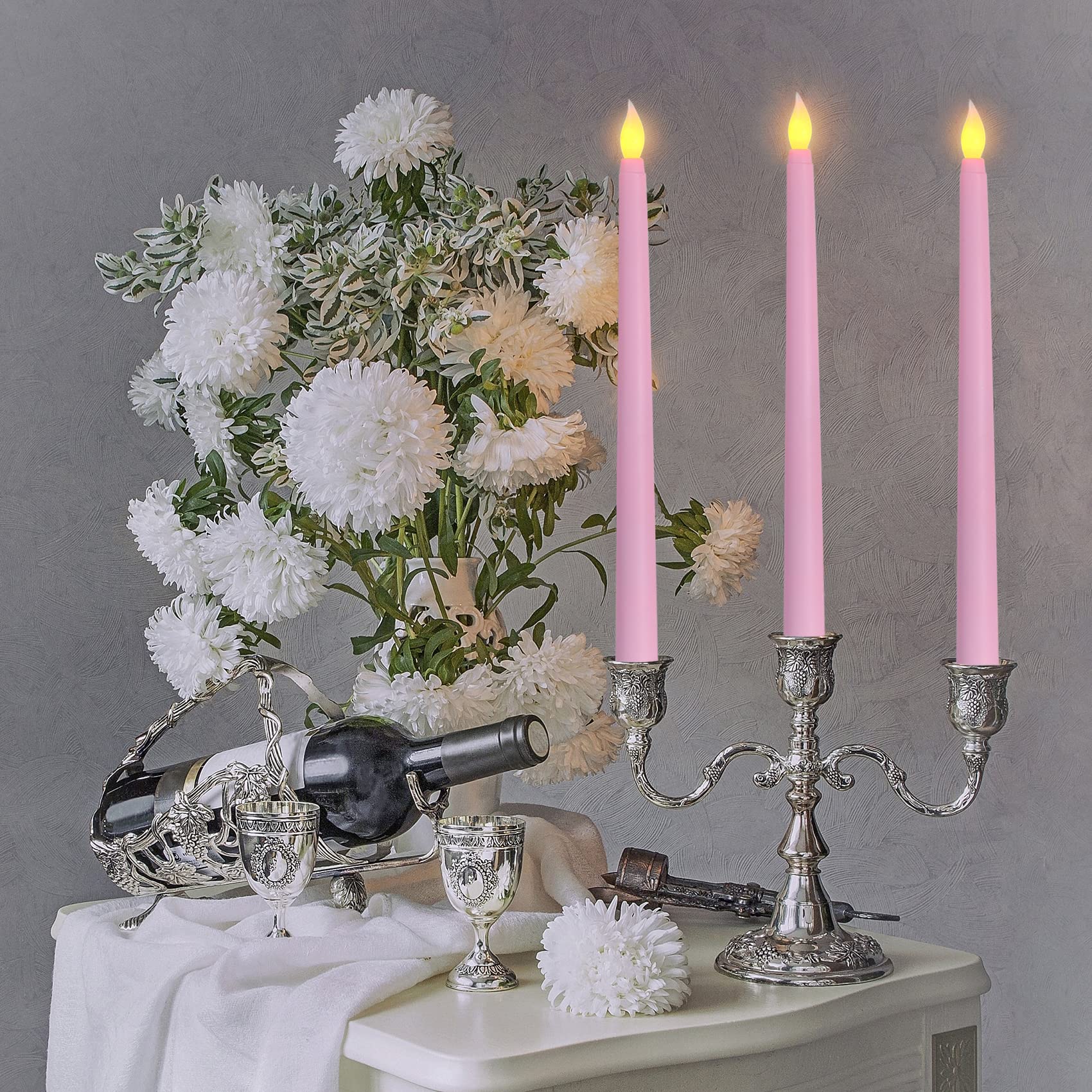 Ni Jasw Pink Flameless Taper Candles With Remote, Flickering Led Battery Operated Candlesticks Set Of 12